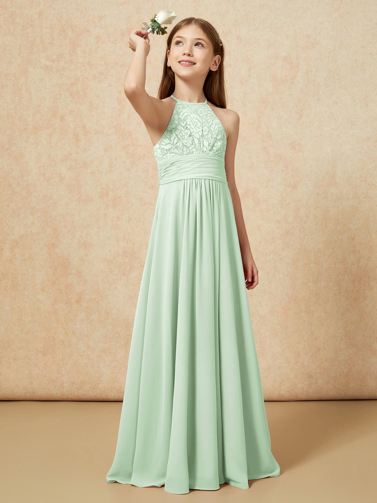 Halshalter Spitzen Oberteil Chiffon Junge Brautjungfernkleider Staubiges Salbei