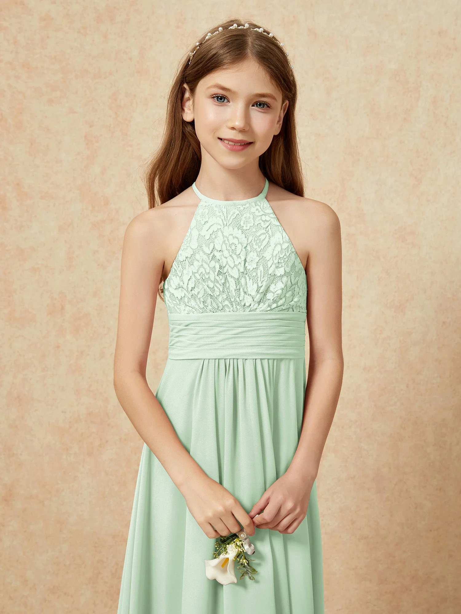 Halshalter Spitzen Oberteil Chiffon Junge Brautjungfernkleider Staubiges Salbei - Image 8