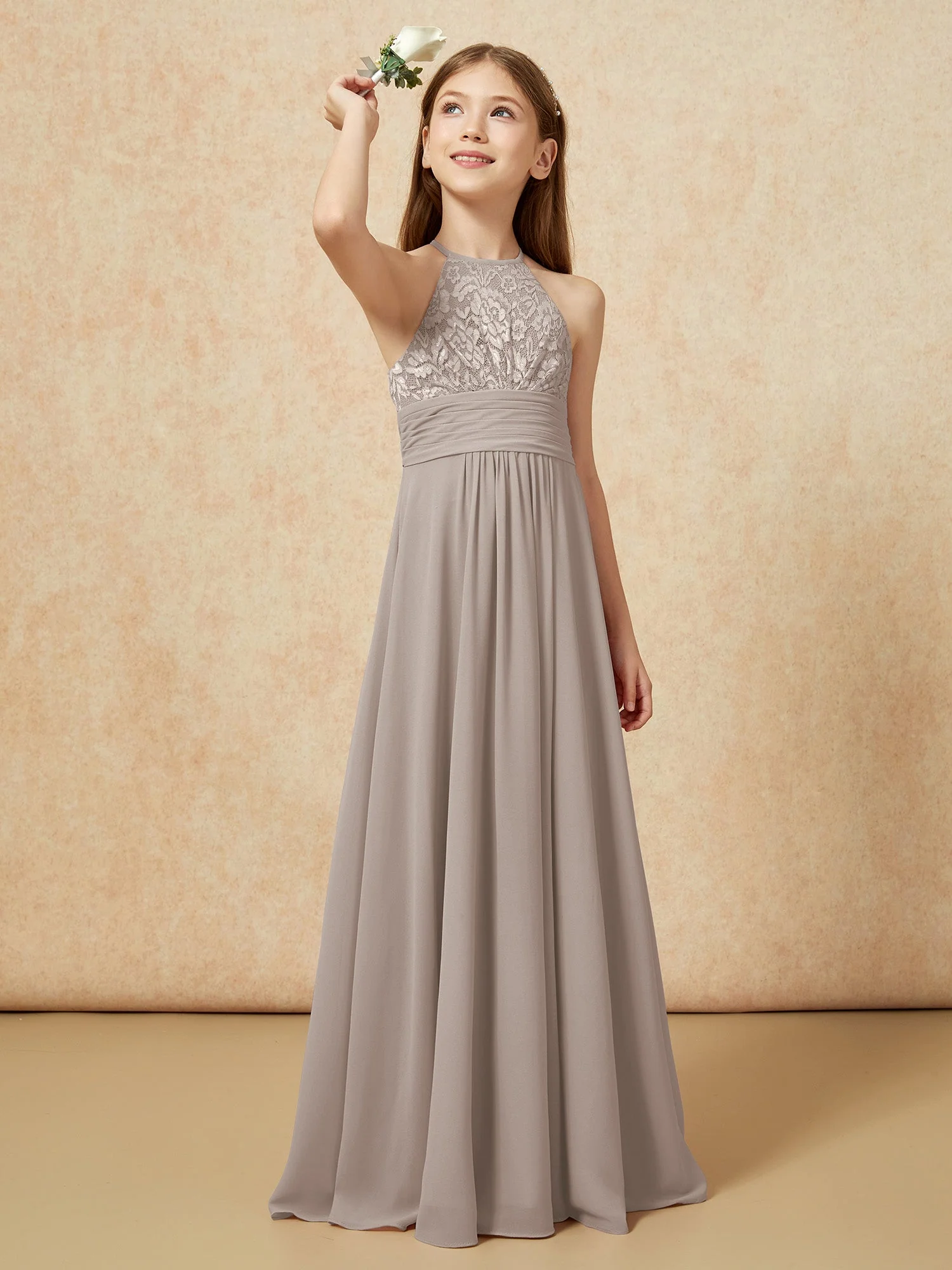 Halshalter Spitzen Oberteil Chiffon Junge Brautjungfernkleider Taupe