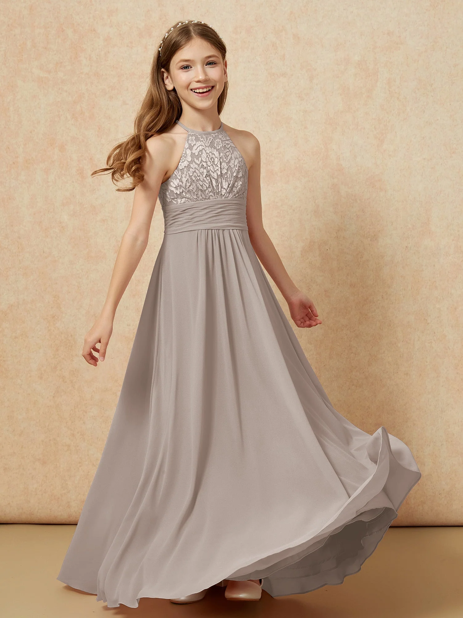 Halshalter Spitzen Oberteil Chiffon Junge Brautjungfernkleider Taupe - Image 4