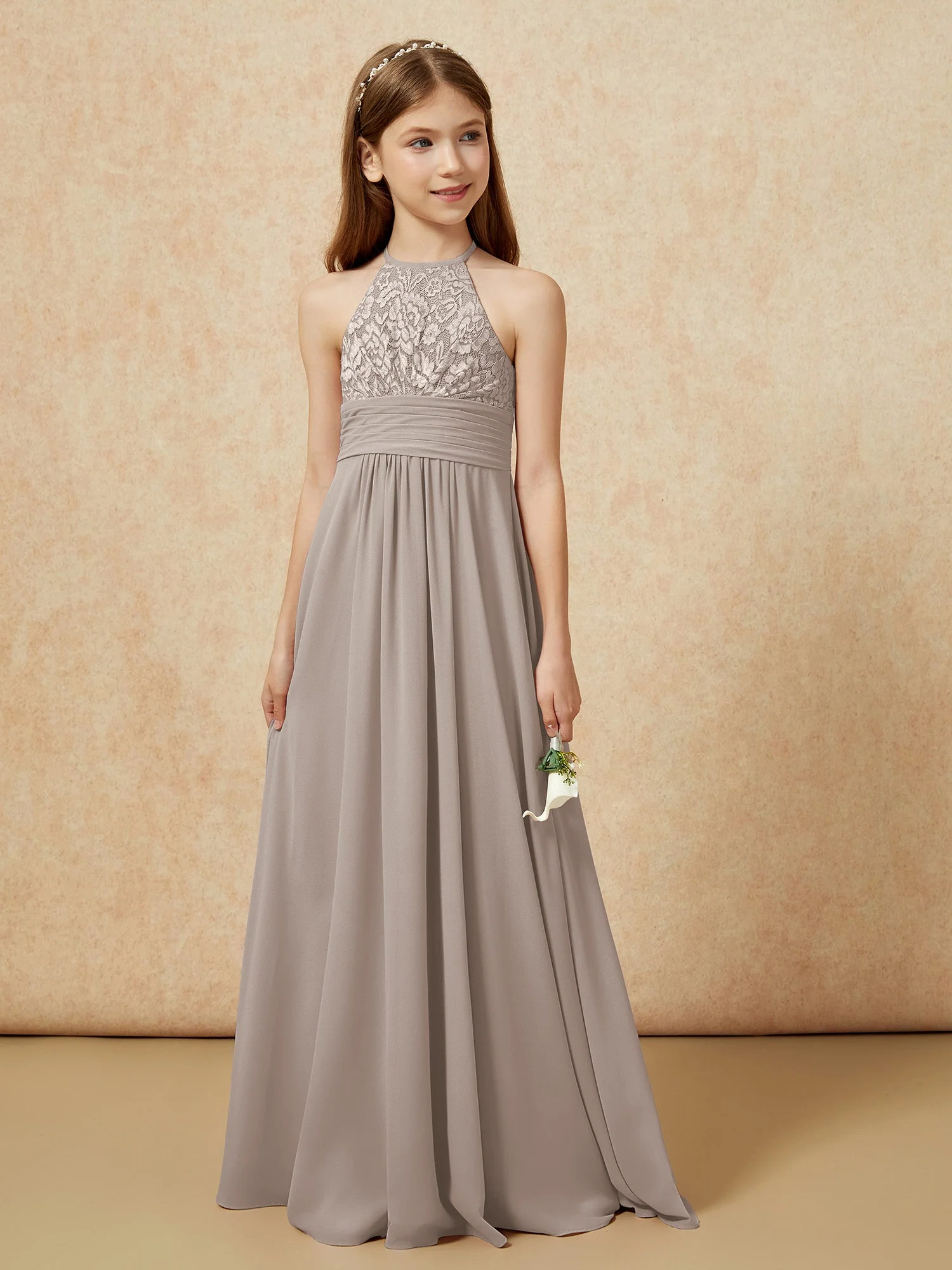Halshalter Spitzen Oberteil Chiffon Junge Brautjungfernkleider Taupe - Image 5