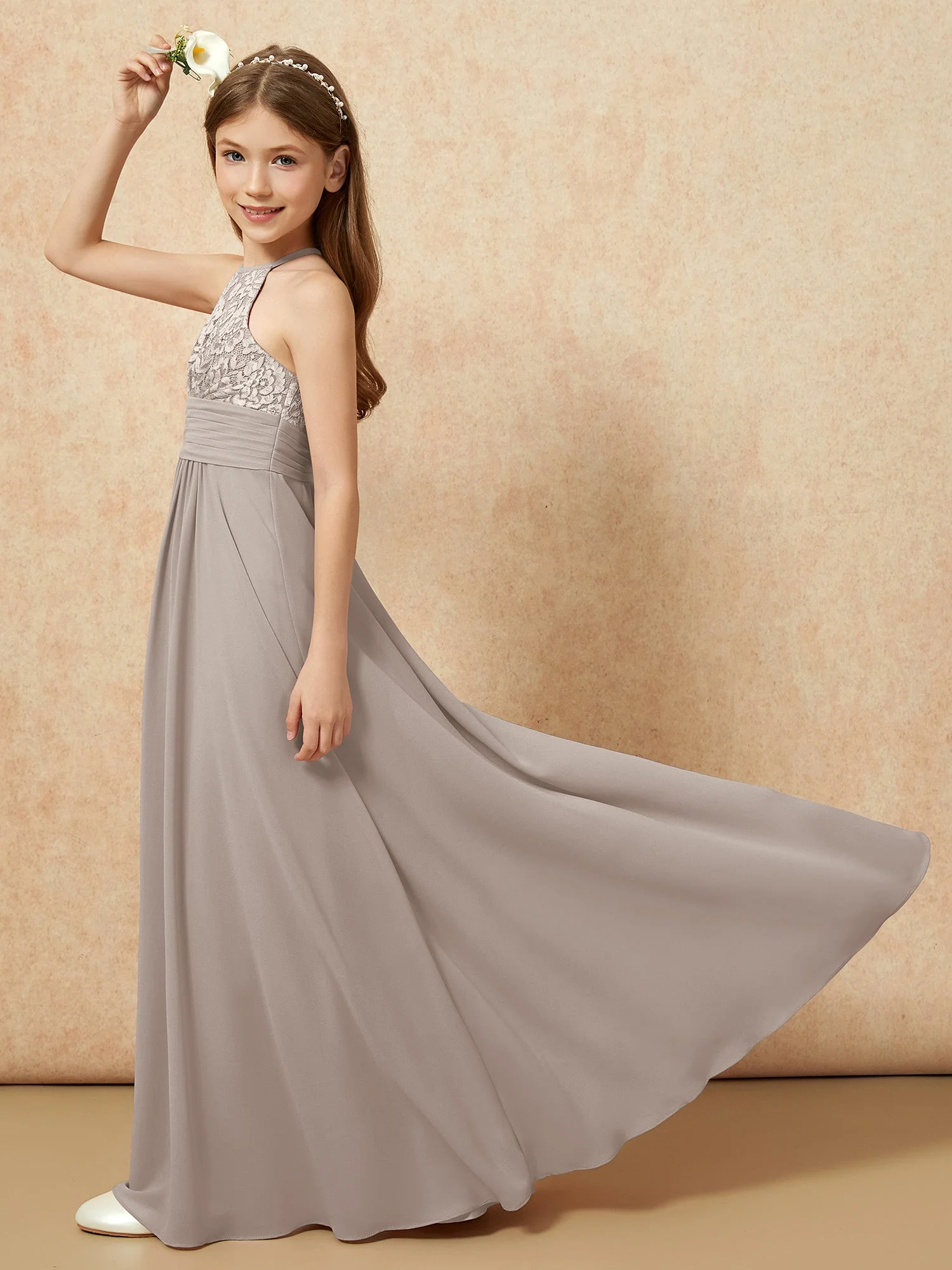 Halshalter Spitzen Oberteil Chiffon Junge Brautjungfernkleider Taupe - Image 6