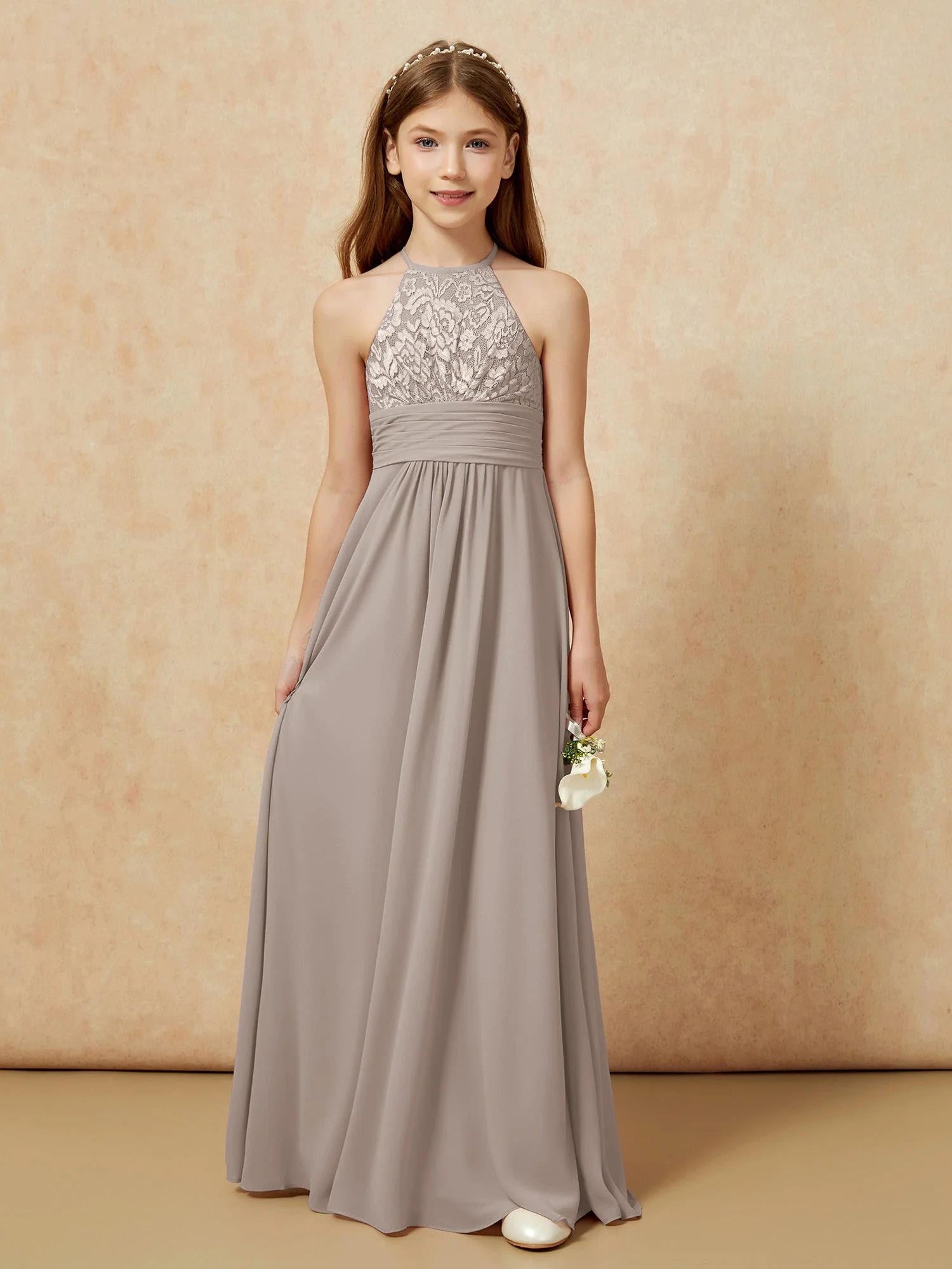 Halshalter Spitzen Oberteil Chiffon Junge Brautjungfernkleider Taupe - Image 7