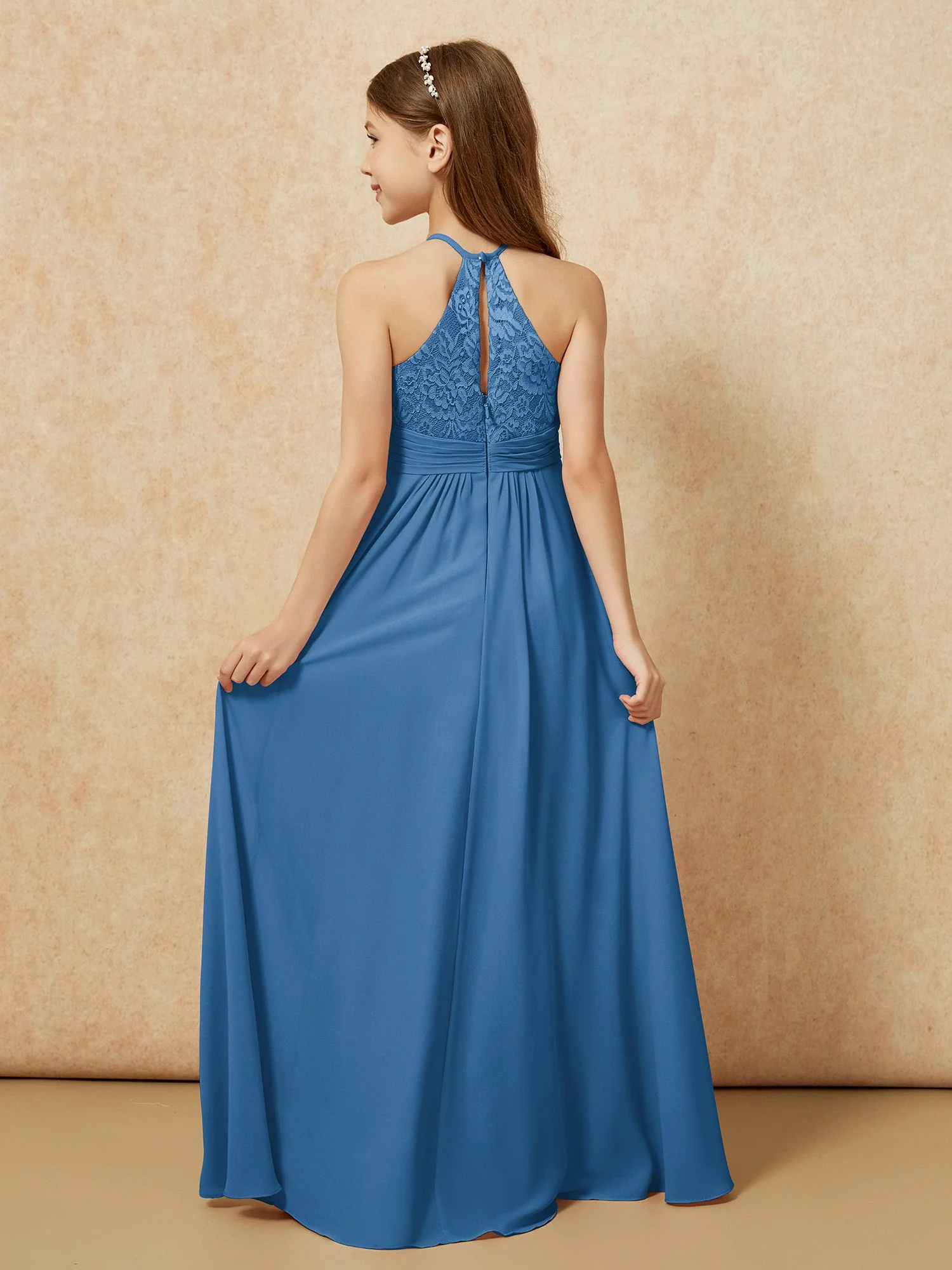 Halshalter Spitzen Oberteil Chiffon Junge Brautjungfernkleider Tinte Blau - Image 2