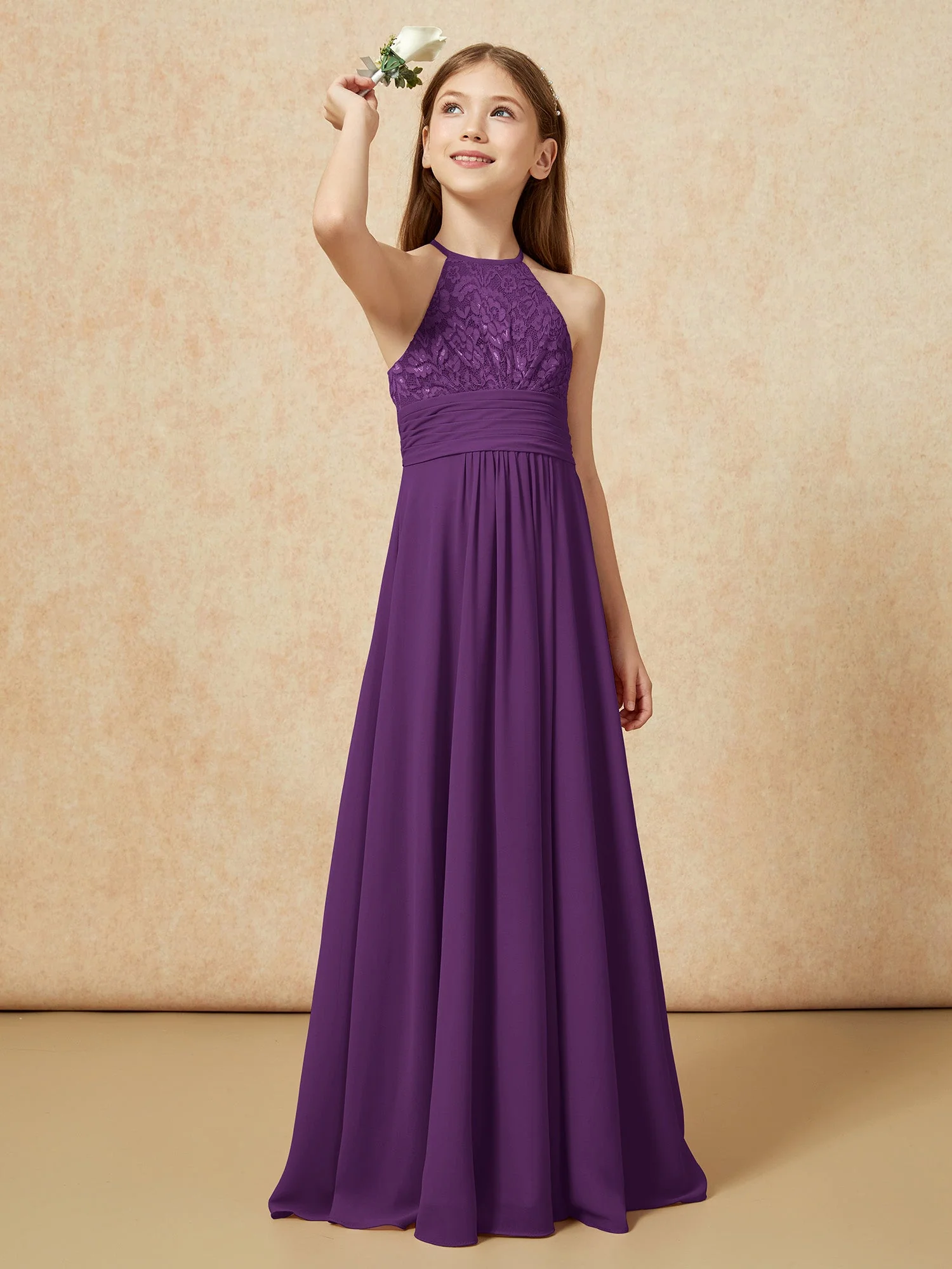 Halshalter Spitzen Oberteil Chiffon Junge Brautjungfernkleider Traube