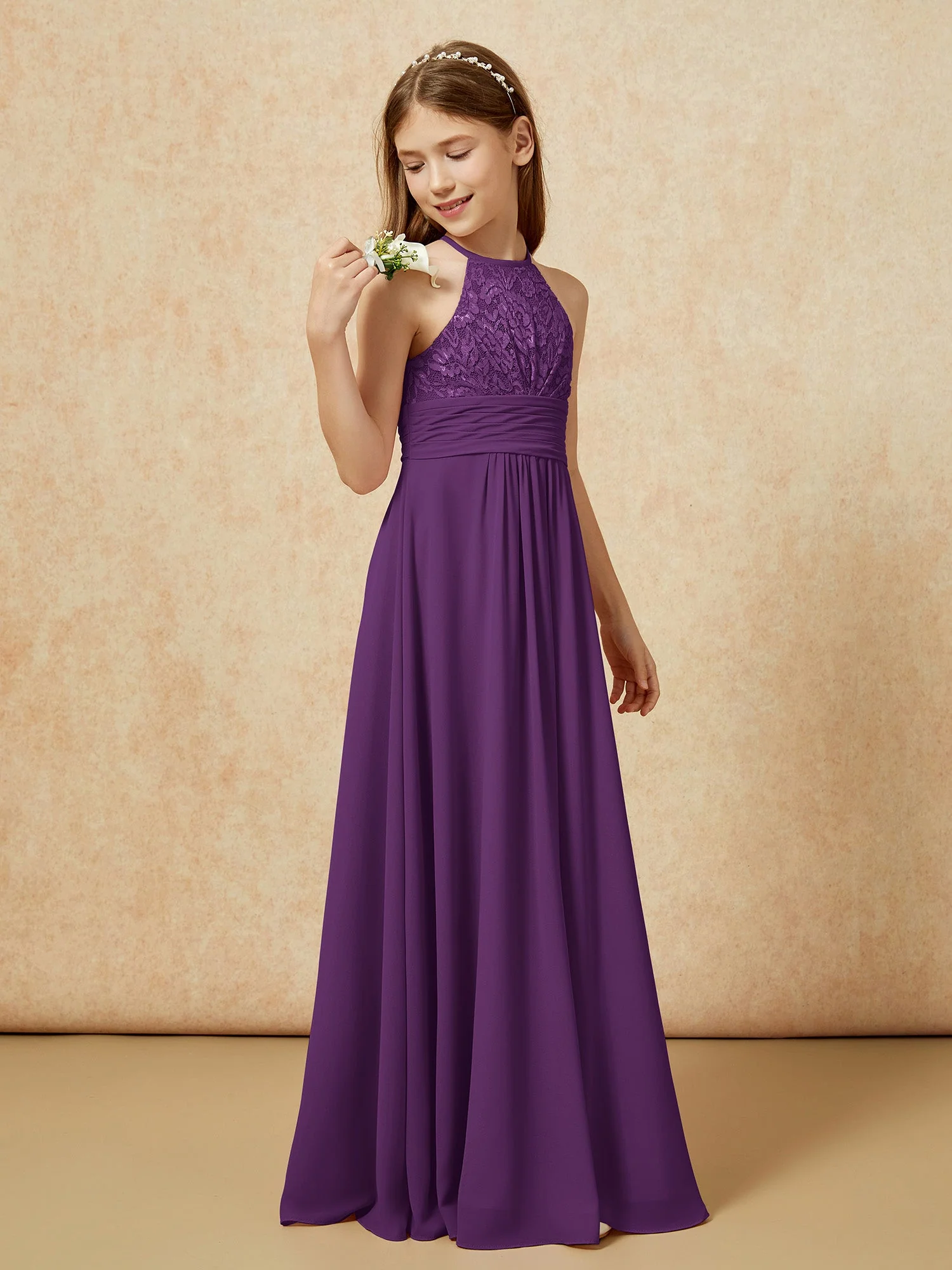 Halshalter Spitzen Oberteil Chiffon Junge Brautjungfernkleider Traube - Image 3