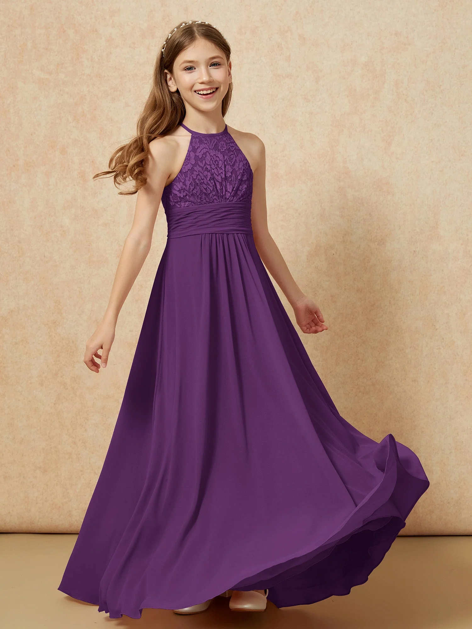 Halshalter Spitzen Oberteil Chiffon Junge Brautjungfernkleider Traube - Image 4