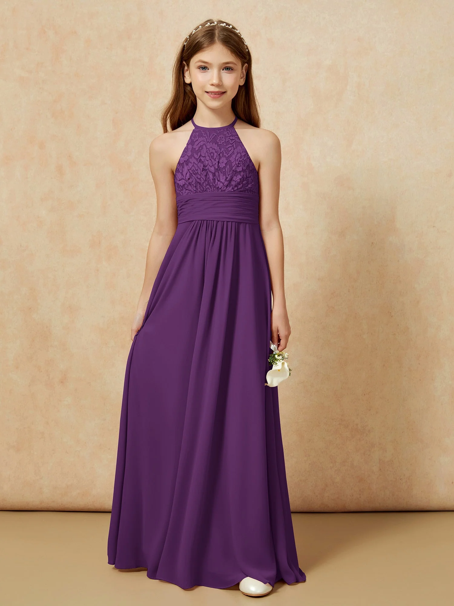 Halshalter Spitzen Oberteil Chiffon Junge Brautjungfernkleider Traube - Image 7