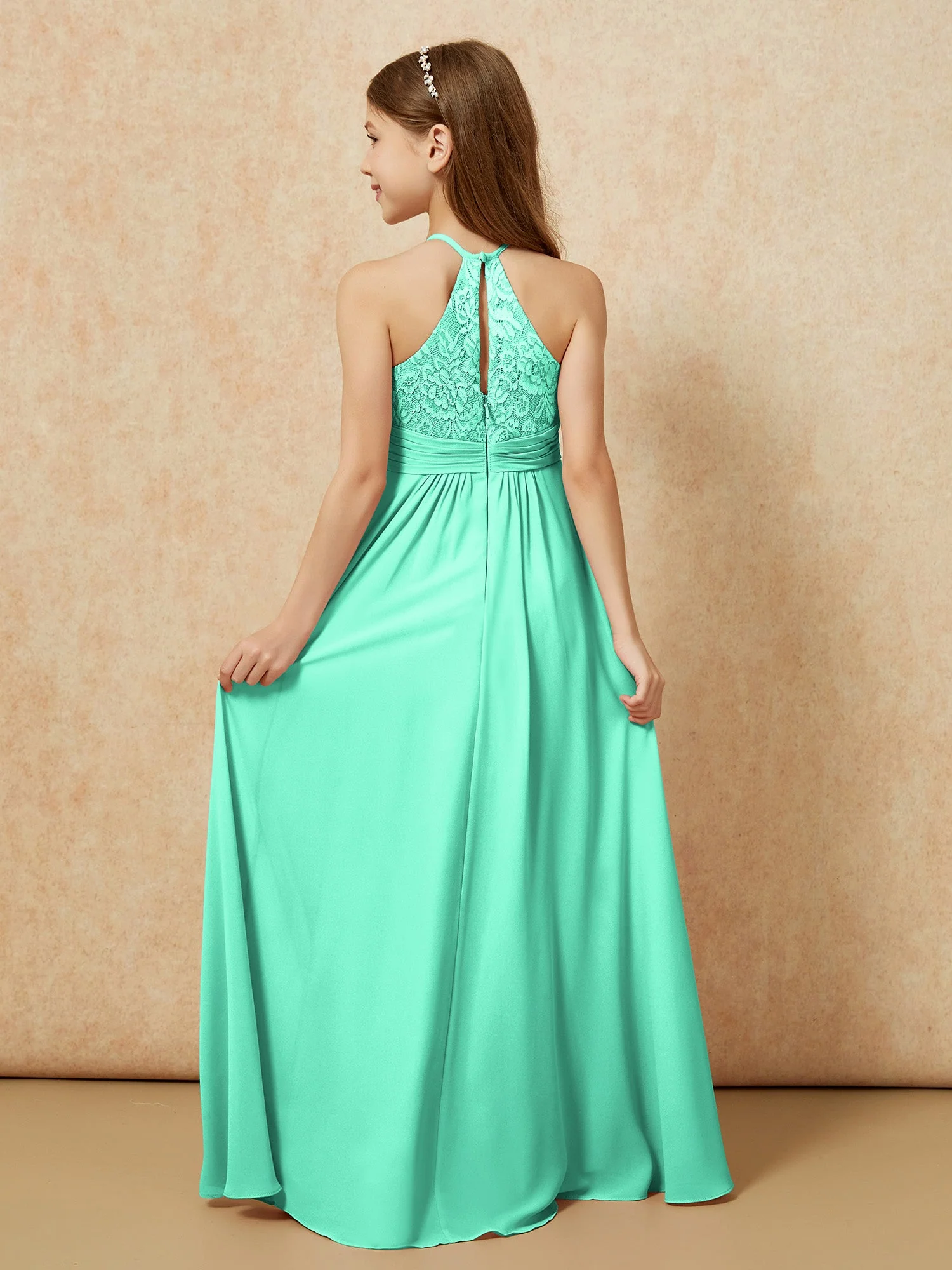Halshalter Spitzen Oberteil Chiffon Junge Brautjungfernkleider Türkis - Image 2