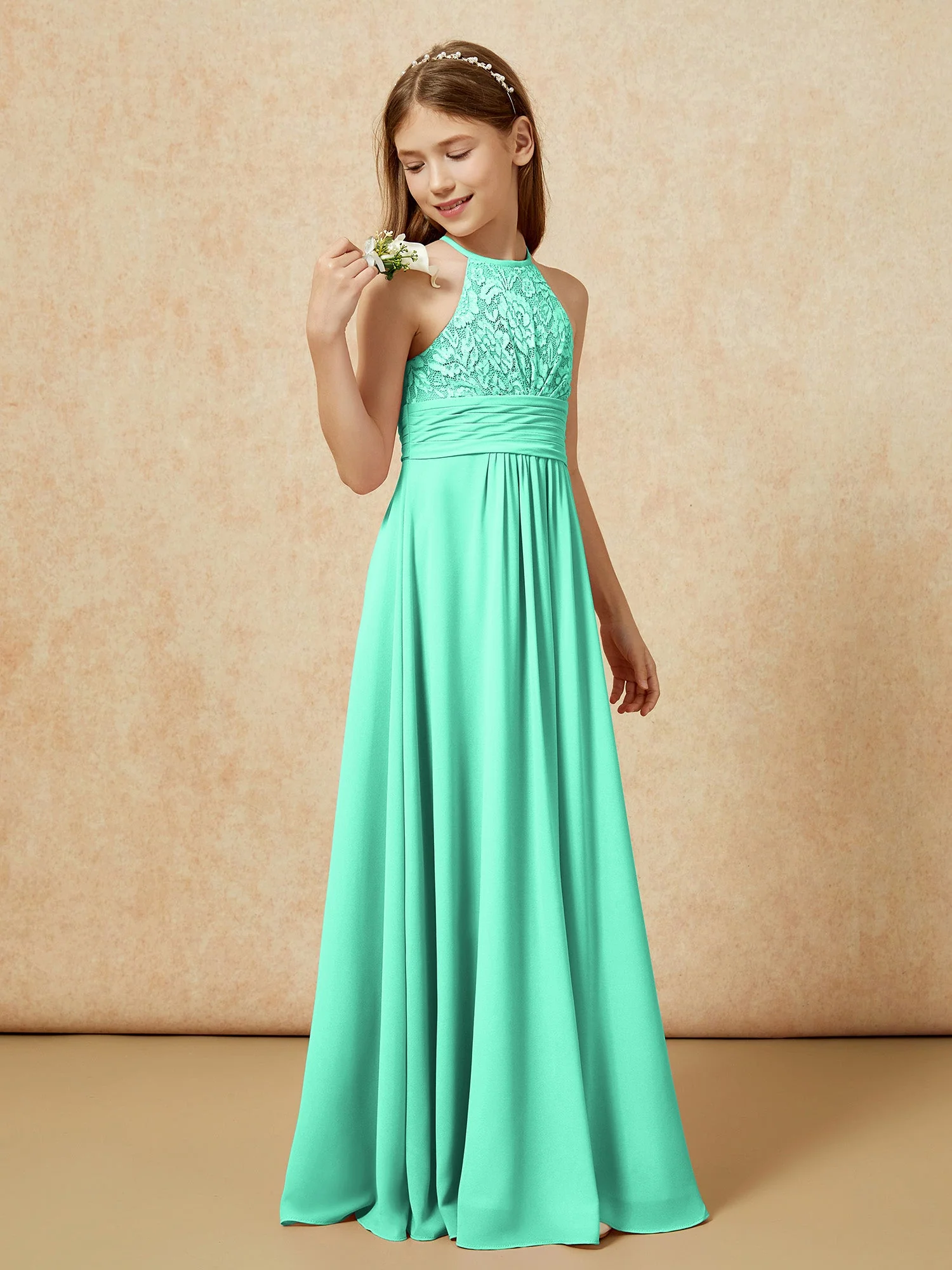 Halshalter Spitzen Oberteil Chiffon Junge Brautjungfernkleider Türkis - Image 3