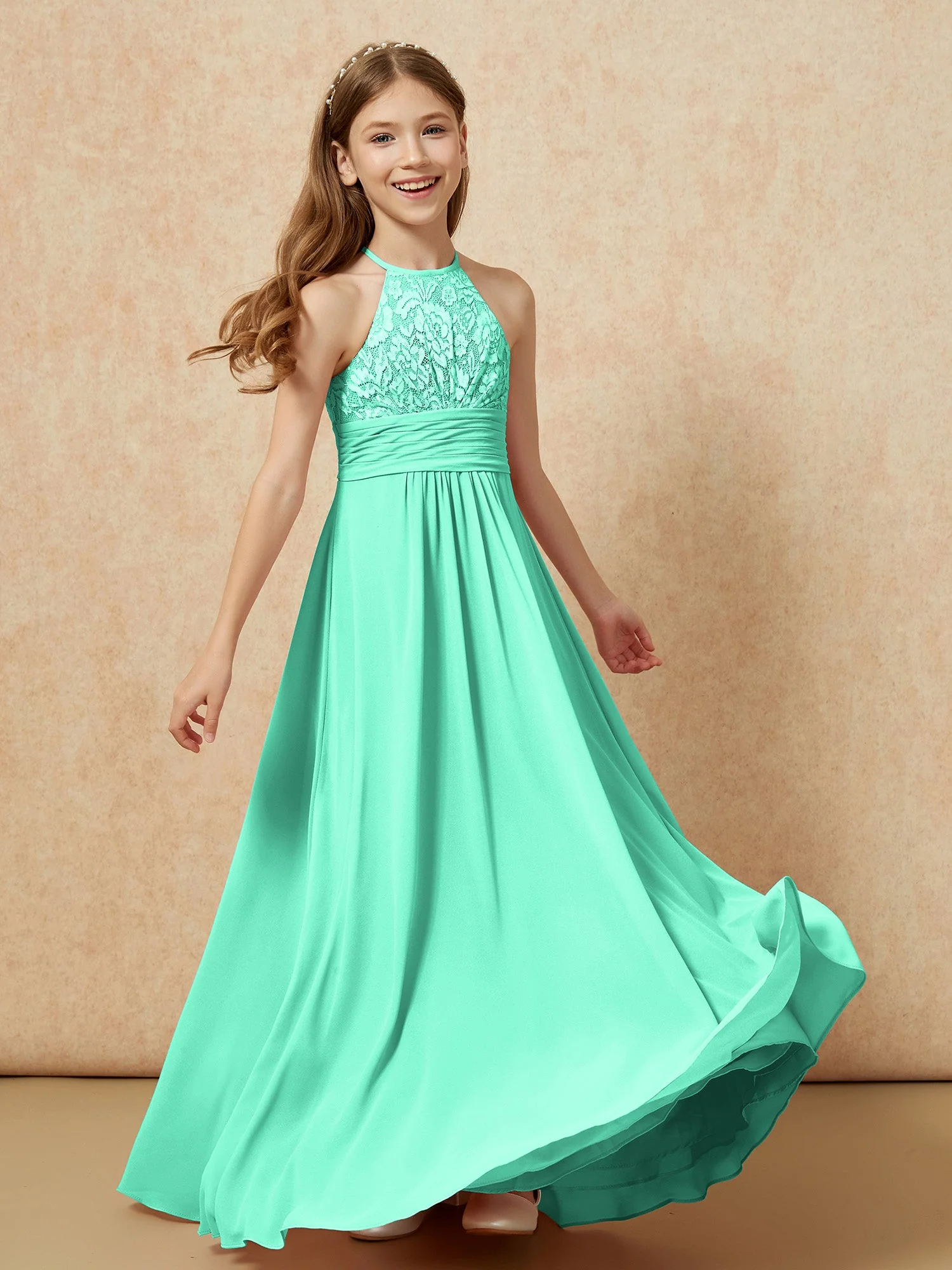 Halshalter Spitzen Oberteil Chiffon Junge Brautjungfernkleider Türkis - Image 4