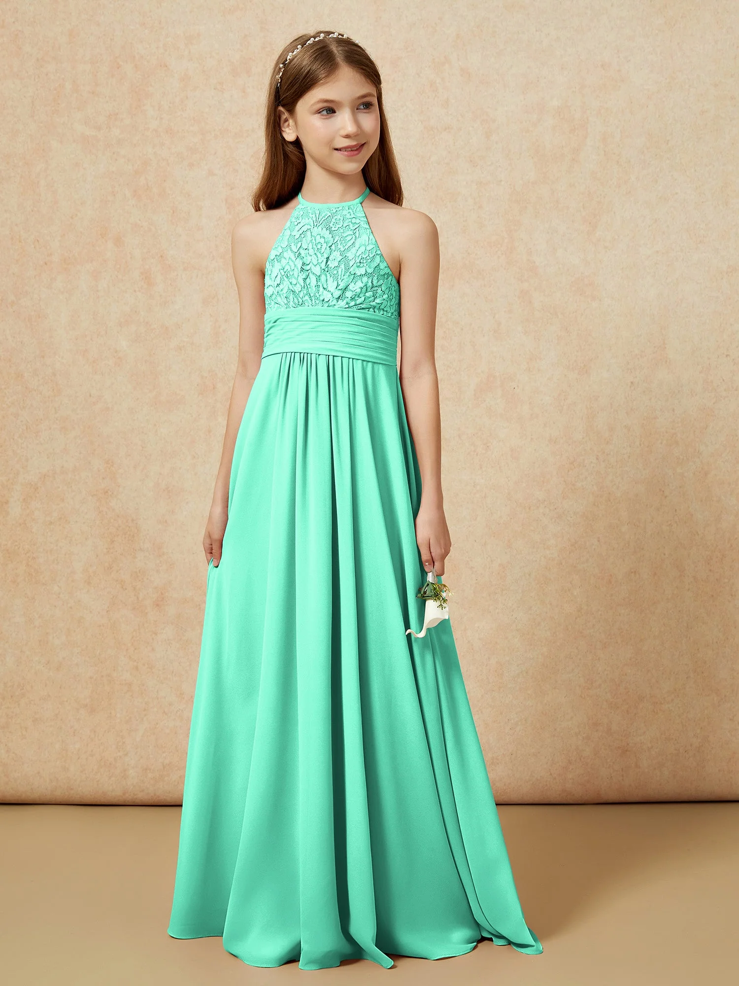 Halshalter Spitzen Oberteil Chiffon Junge Brautjungfernkleider Türkis - Image 5