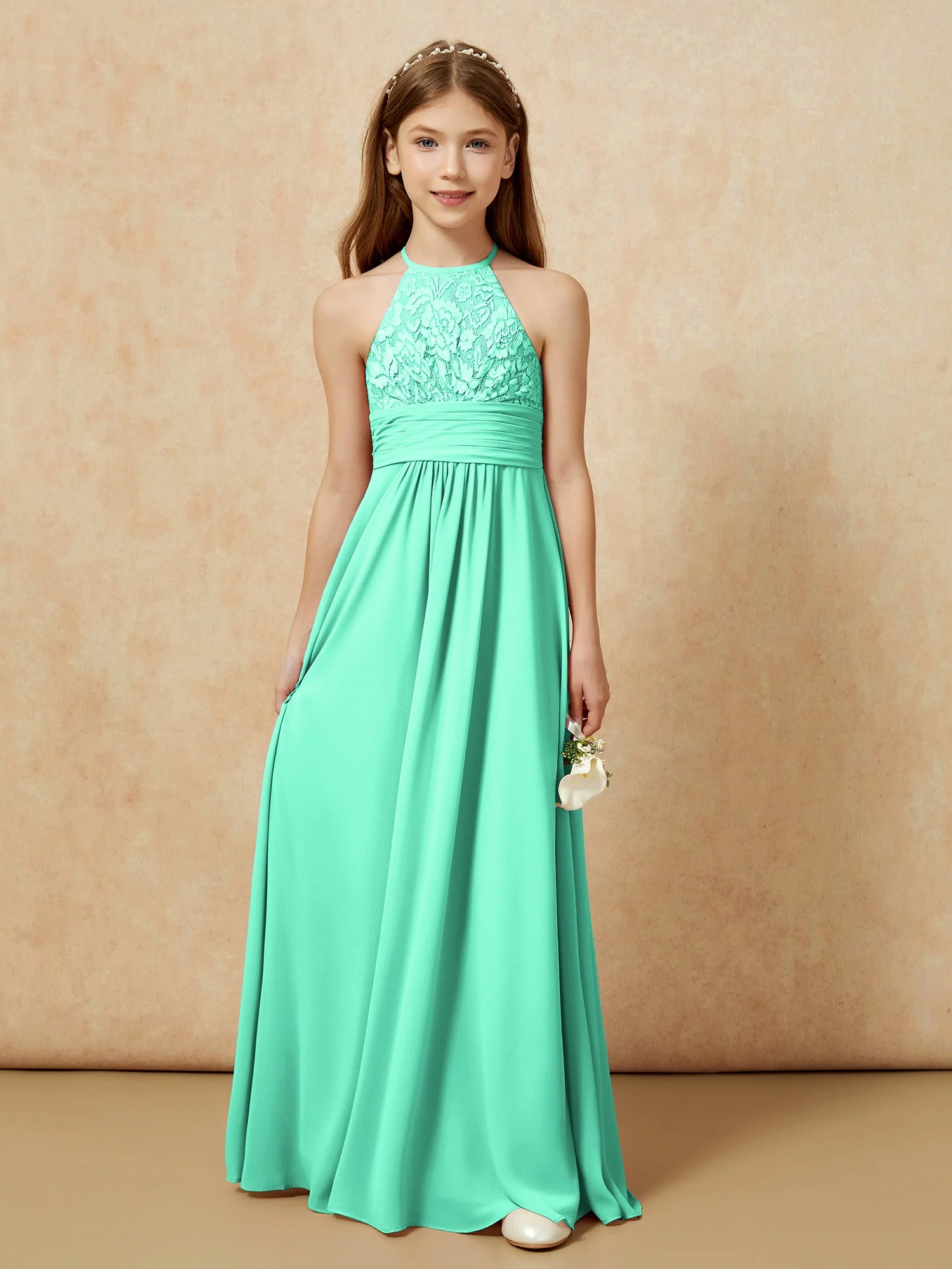 Halshalter Spitzen Oberteil Chiffon Junge Brautjungfernkleider Türkis - Image 7