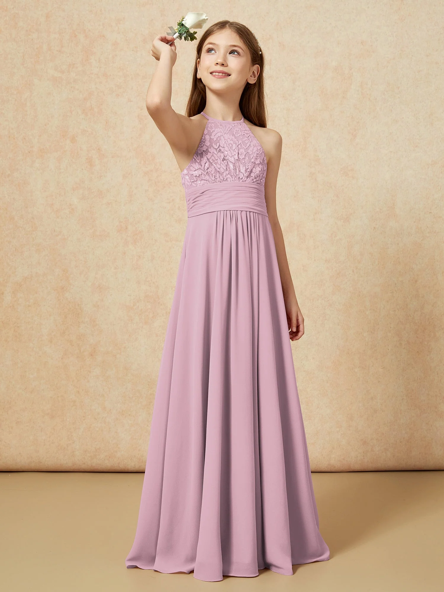 Halshalter Spitzen Oberteil Chiffon Junge Brautjungfernkleider Vintage Mauve