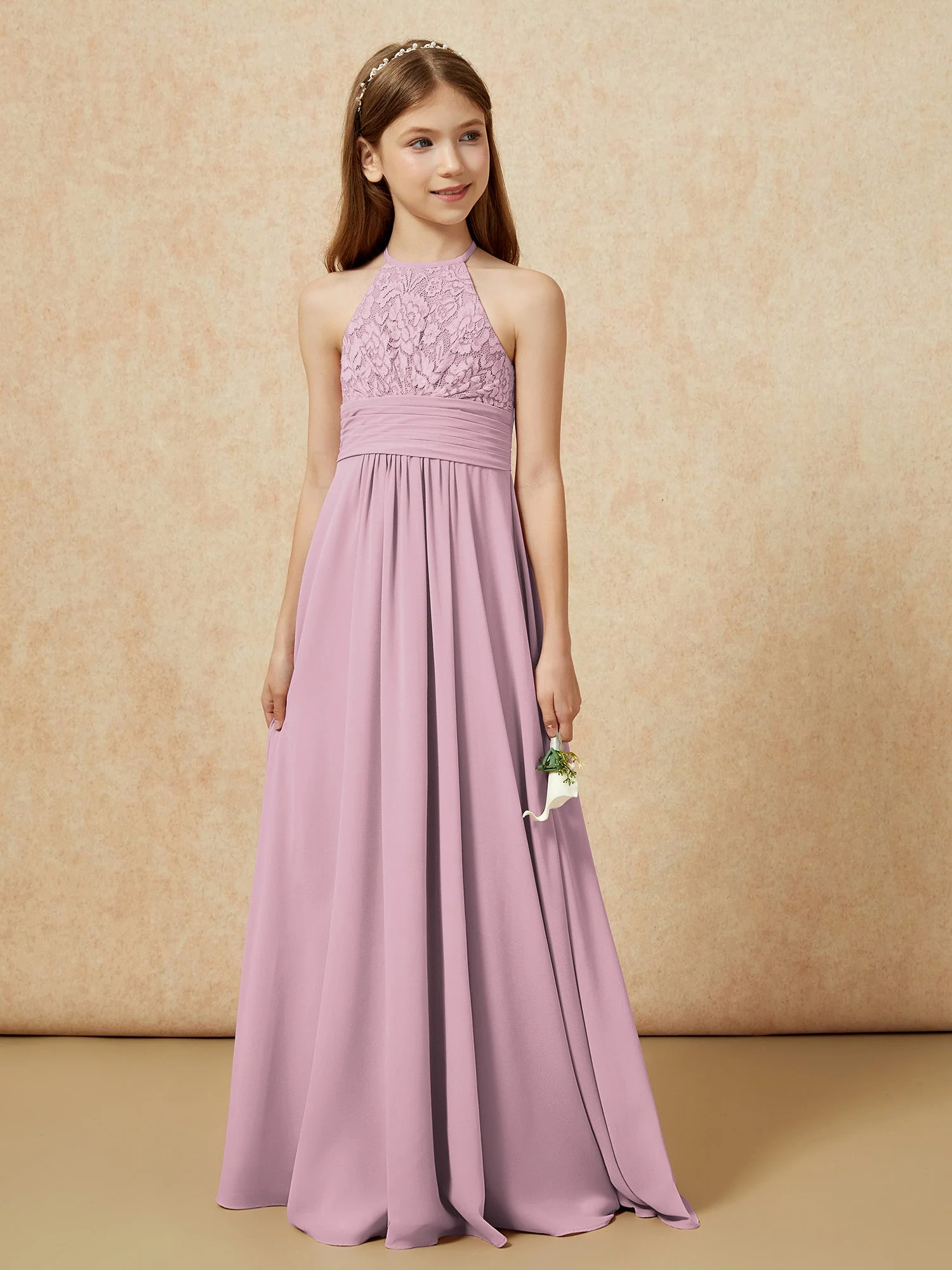 Halshalter Spitzen Oberteil Chiffon Junge Brautjungfernkleider Vintage Mauve - Image 5