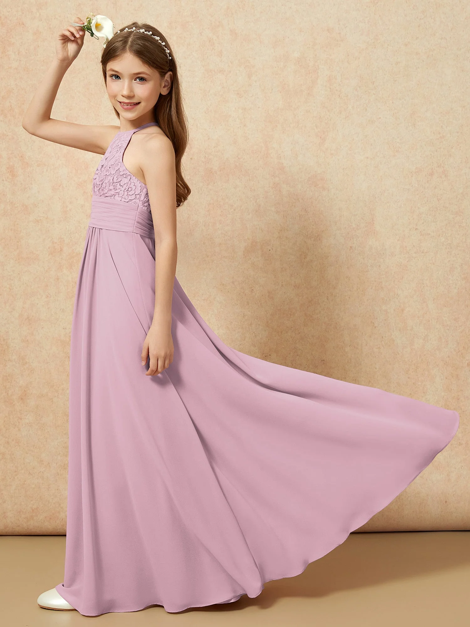 Halshalter Spitzen Oberteil Chiffon Junge Brautjungfernkleider Vintage Mauve - Image 6