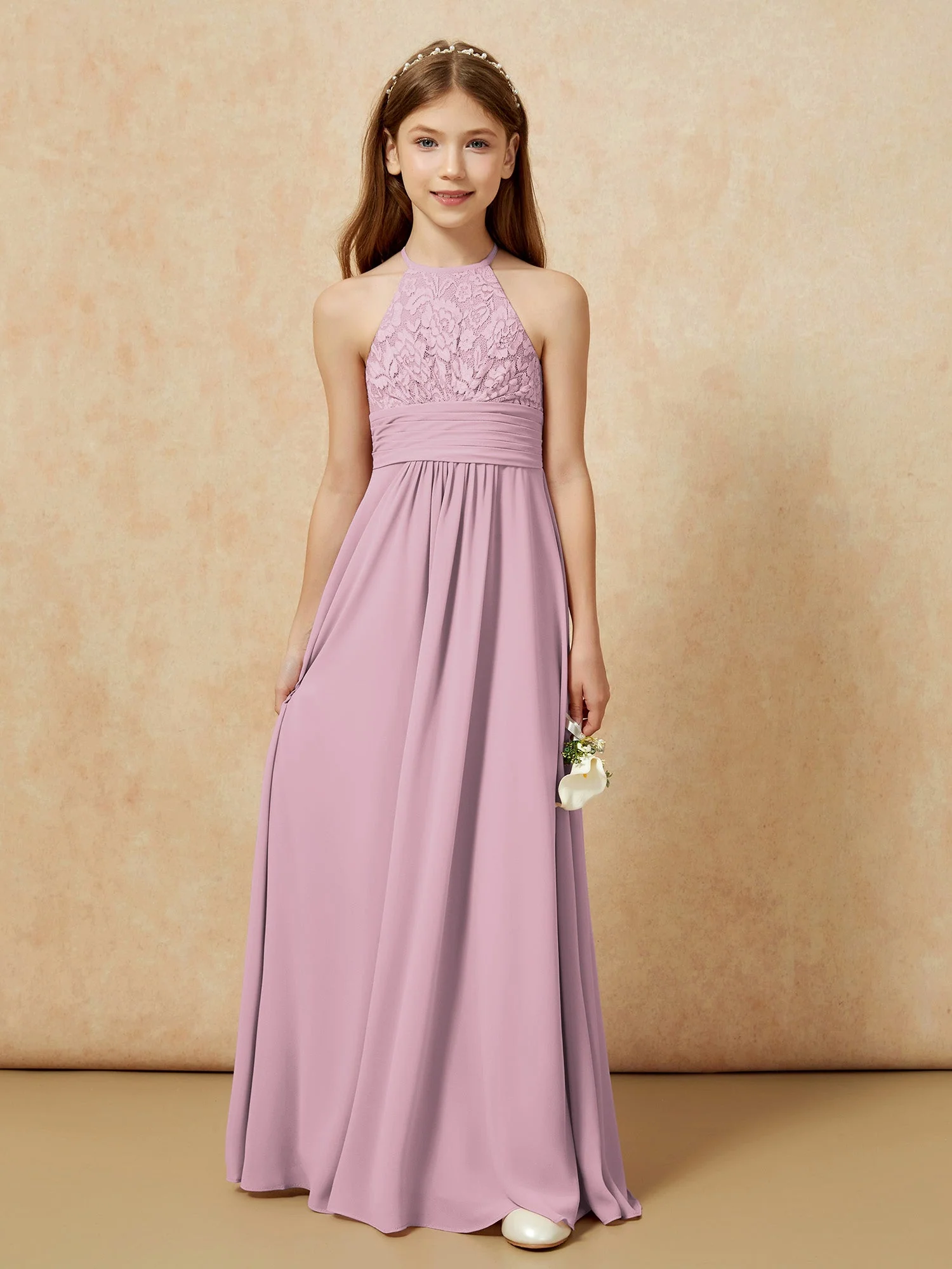 Halshalter Spitzen Oberteil Chiffon Junge Brautjungfernkleider Vintage Mauve - Image 7