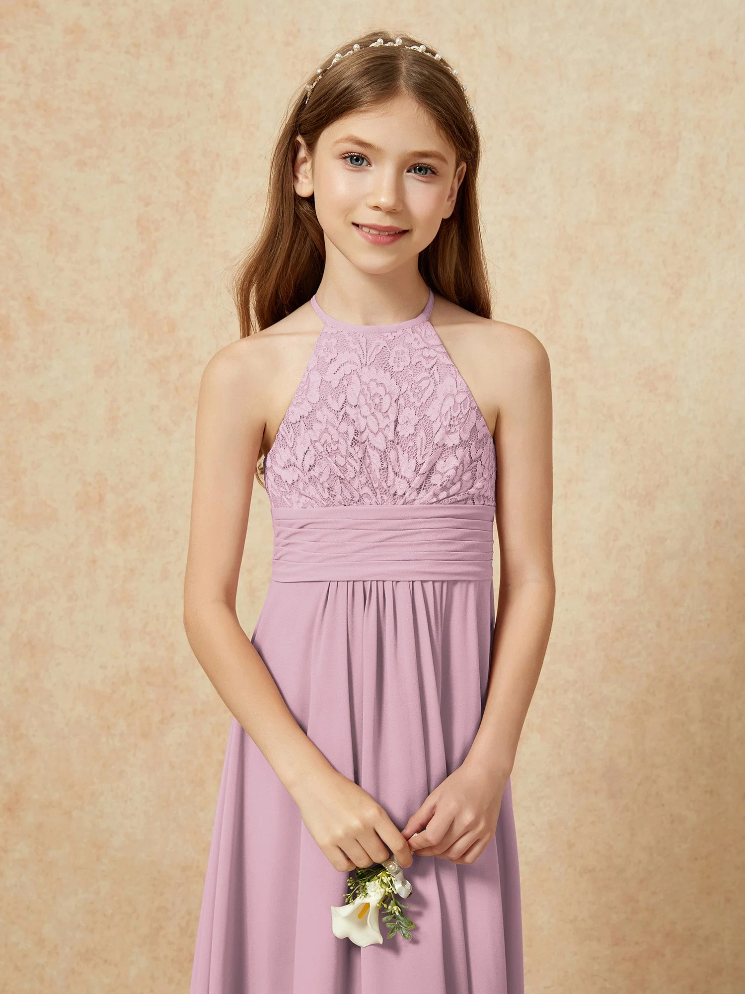 Halshalter Spitzen Oberteil Chiffon Junge Brautjungfernkleider Vintage Mauve - Image 8