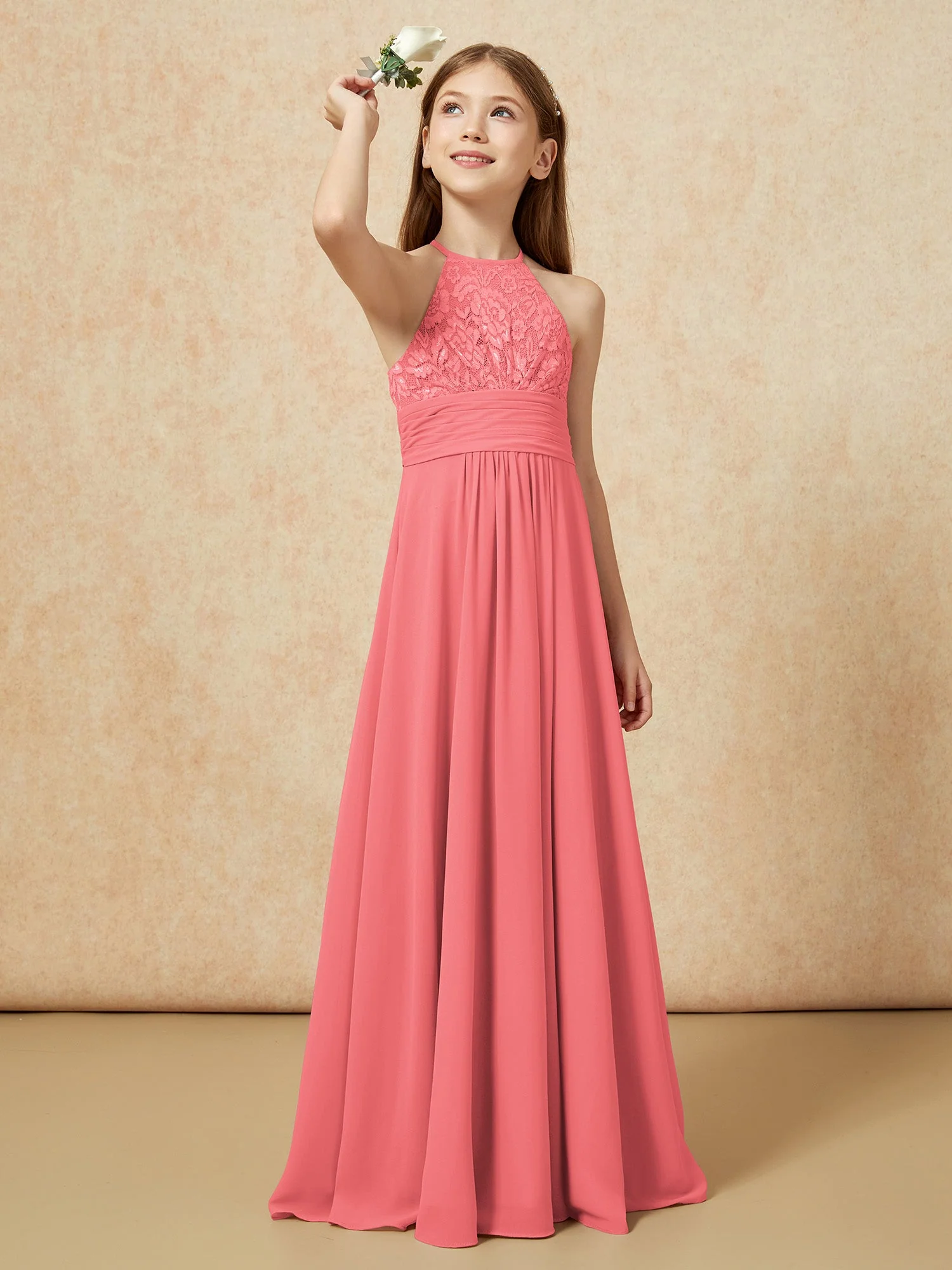 Halshalter Spitzen Oberteil Chiffon Junge Brautjungfernkleider Wassermelone