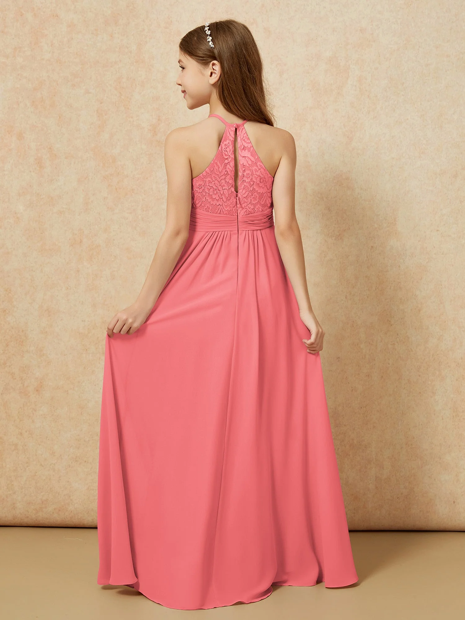 Halshalter Spitzen Oberteil Chiffon Junge Brautjungfernkleider Wassermelone - Image 2