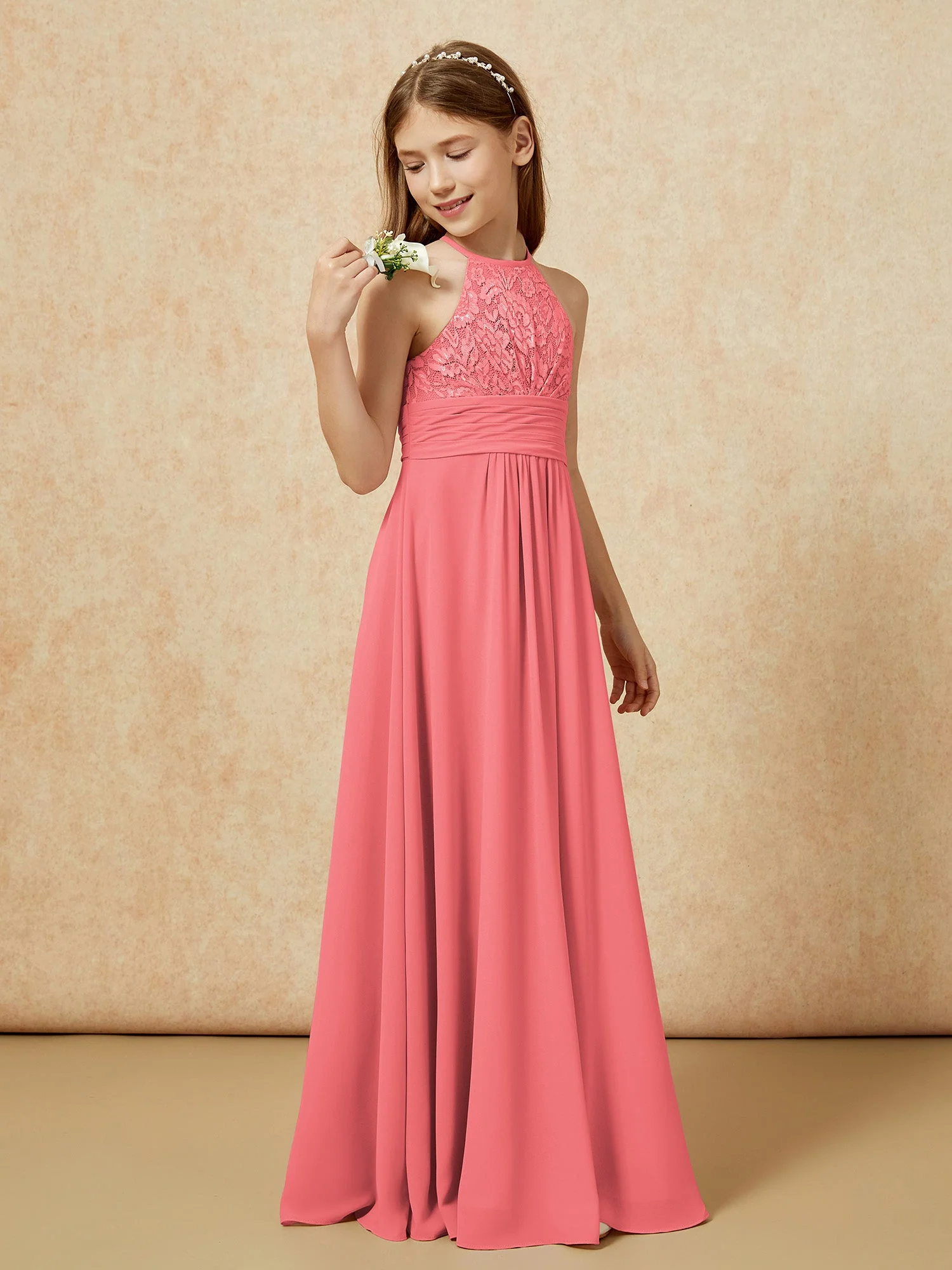 Halshalter Spitzen Oberteil Chiffon Junge Brautjungfernkleider Wassermelone - Image 3