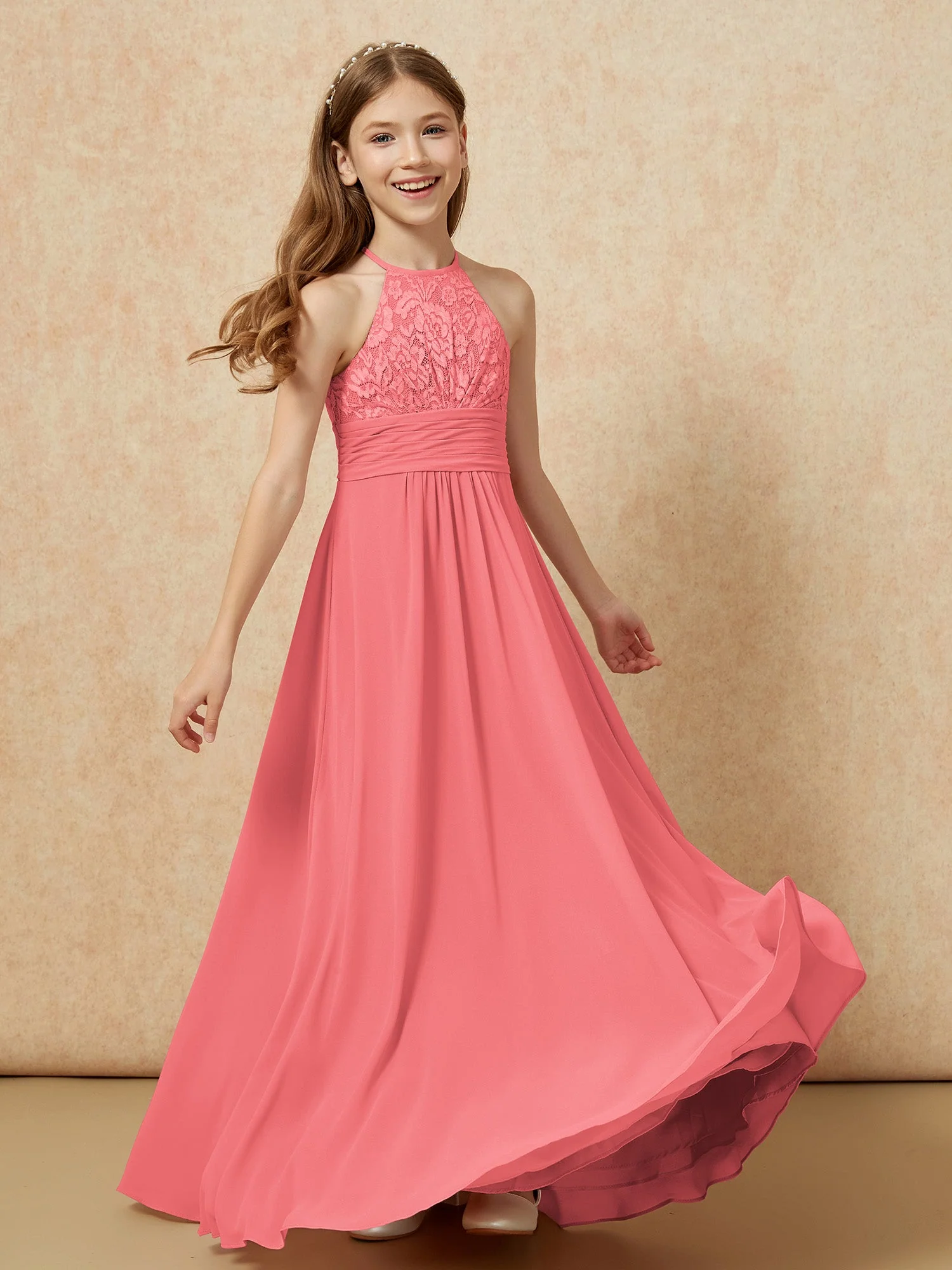Halshalter Spitzen Oberteil Chiffon Junge Brautjungfernkleider Wassermelone - Image 4