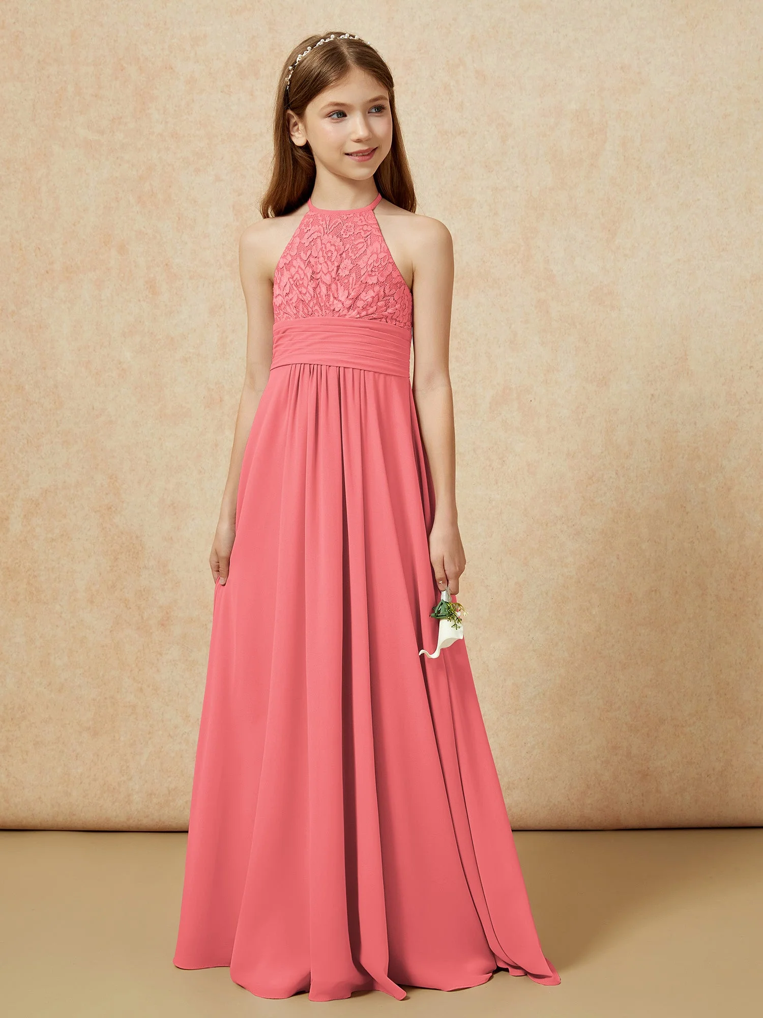Halshalter Spitzen Oberteil Chiffon Junge Brautjungfernkleider Wassermelone - Image 5