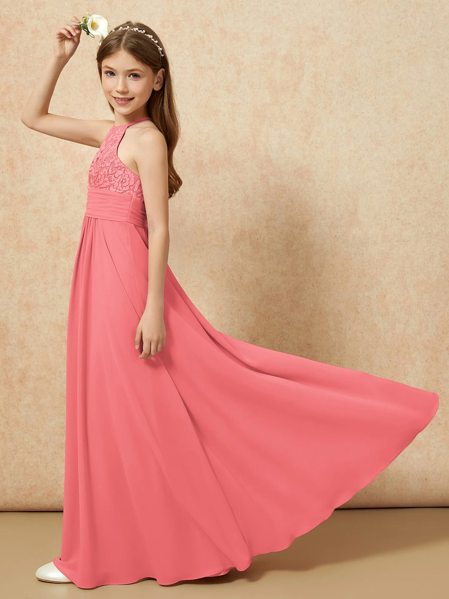 Halshalter Spitzen Oberteil Chiffon Junge Brautjungfernkleider Wassermelone - Image 6