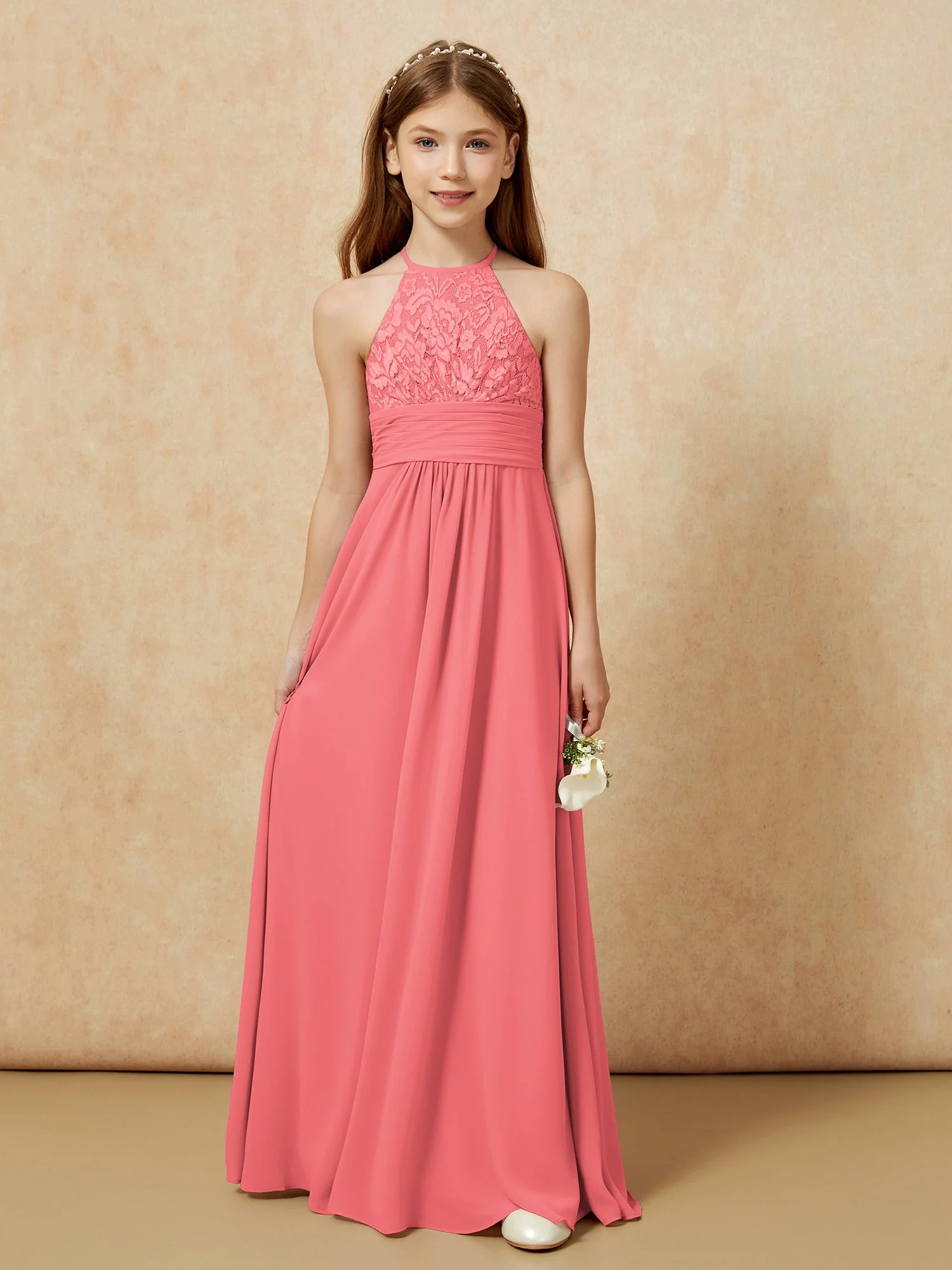 Halshalter Spitzen Oberteil Chiffon Junge Brautjungfernkleider Wassermelone - Image 7