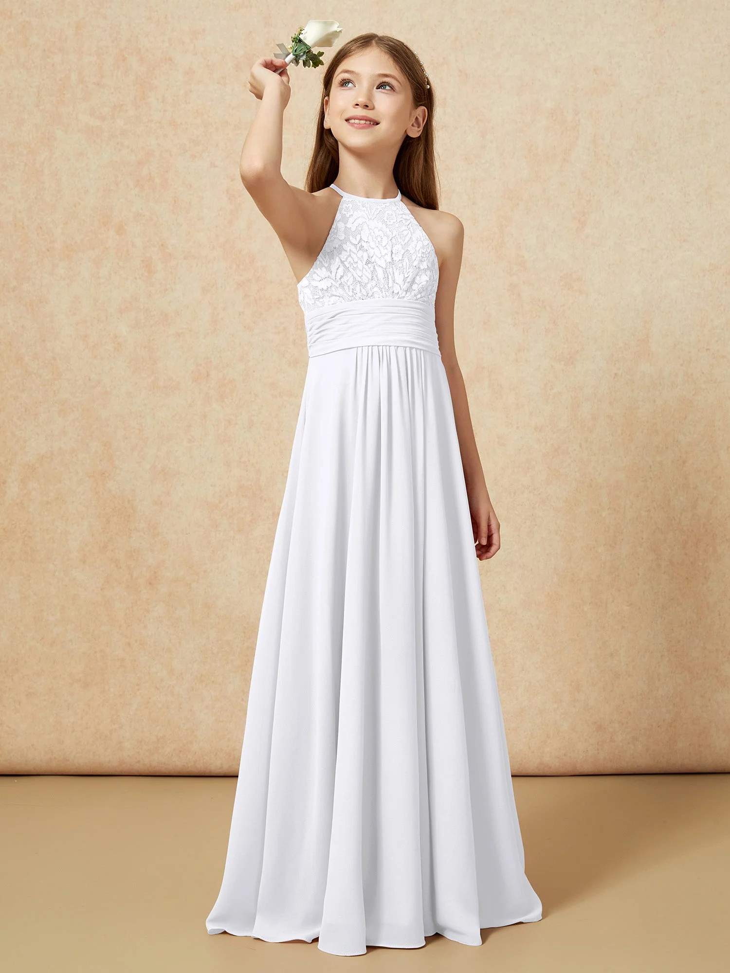 Halshalter Spitzen Oberteil Chiffon Junge Brautjungfernkleider Weiß