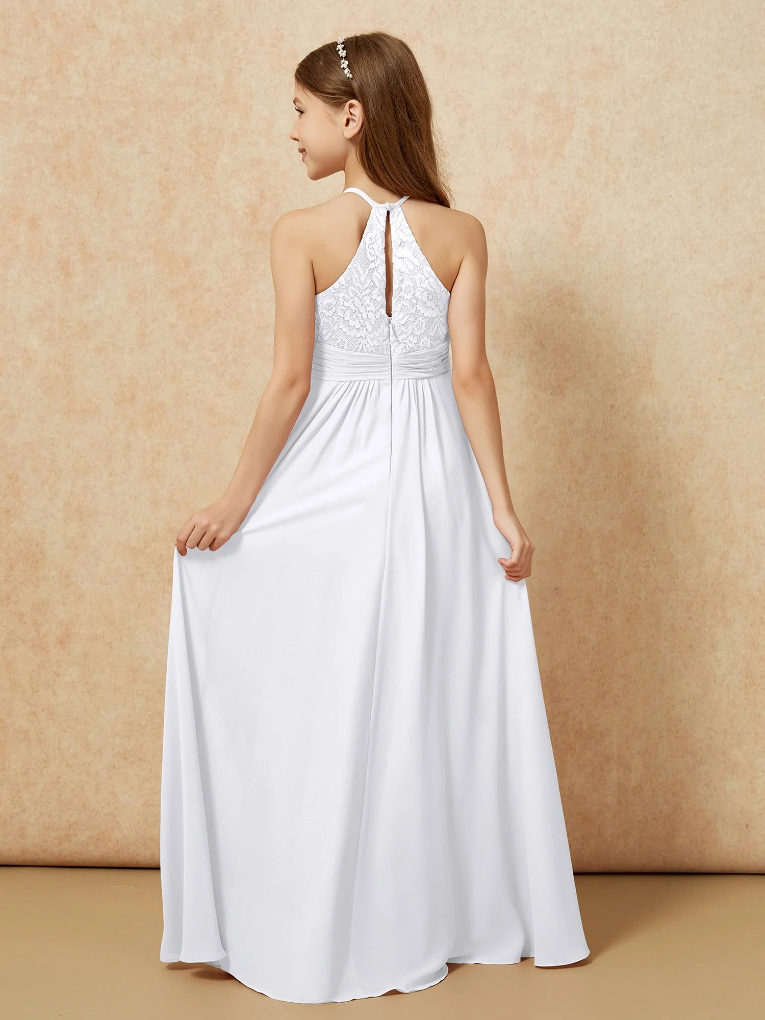 Halshalter Spitzen Oberteil Chiffon Junge Brautjungfernkleider Weiß - Image 2