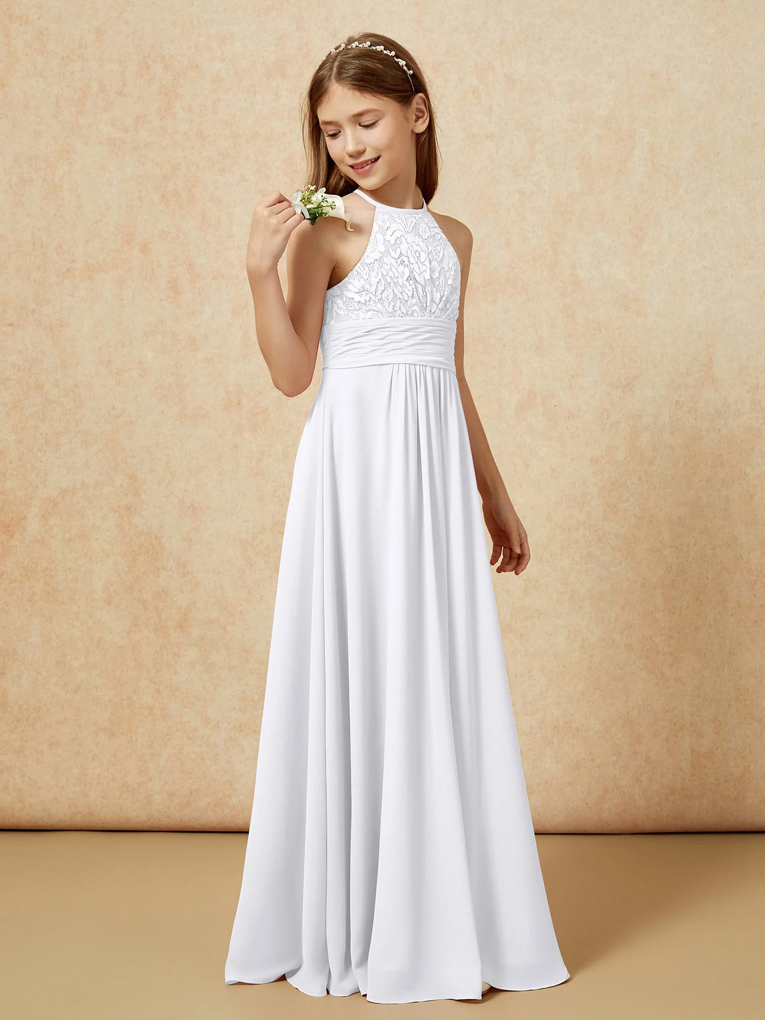 Halshalter Spitzen Oberteil Chiffon Junge Brautjungfernkleider Weiß - Image 3