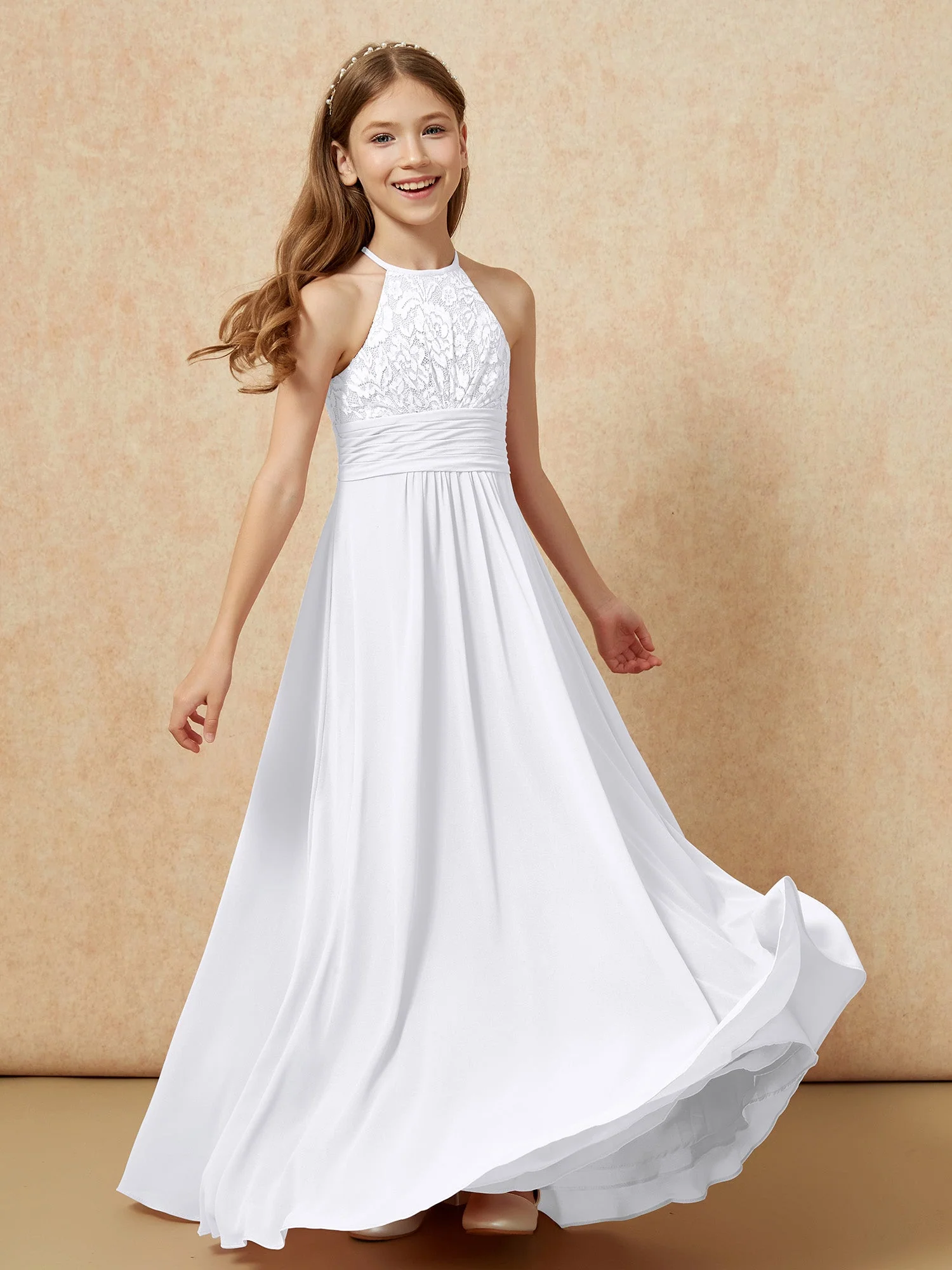 Halshalter Spitzen Oberteil Chiffon Junge Brautjungfernkleider Weiß - Image 4