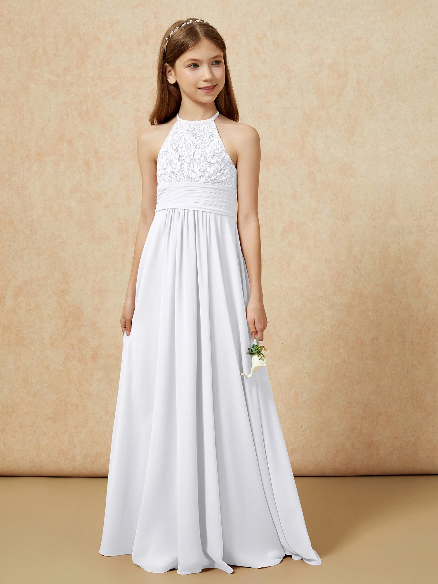 Halshalter Spitzen Oberteil Chiffon Junge Brautjungfernkleider Weiß - Image 5