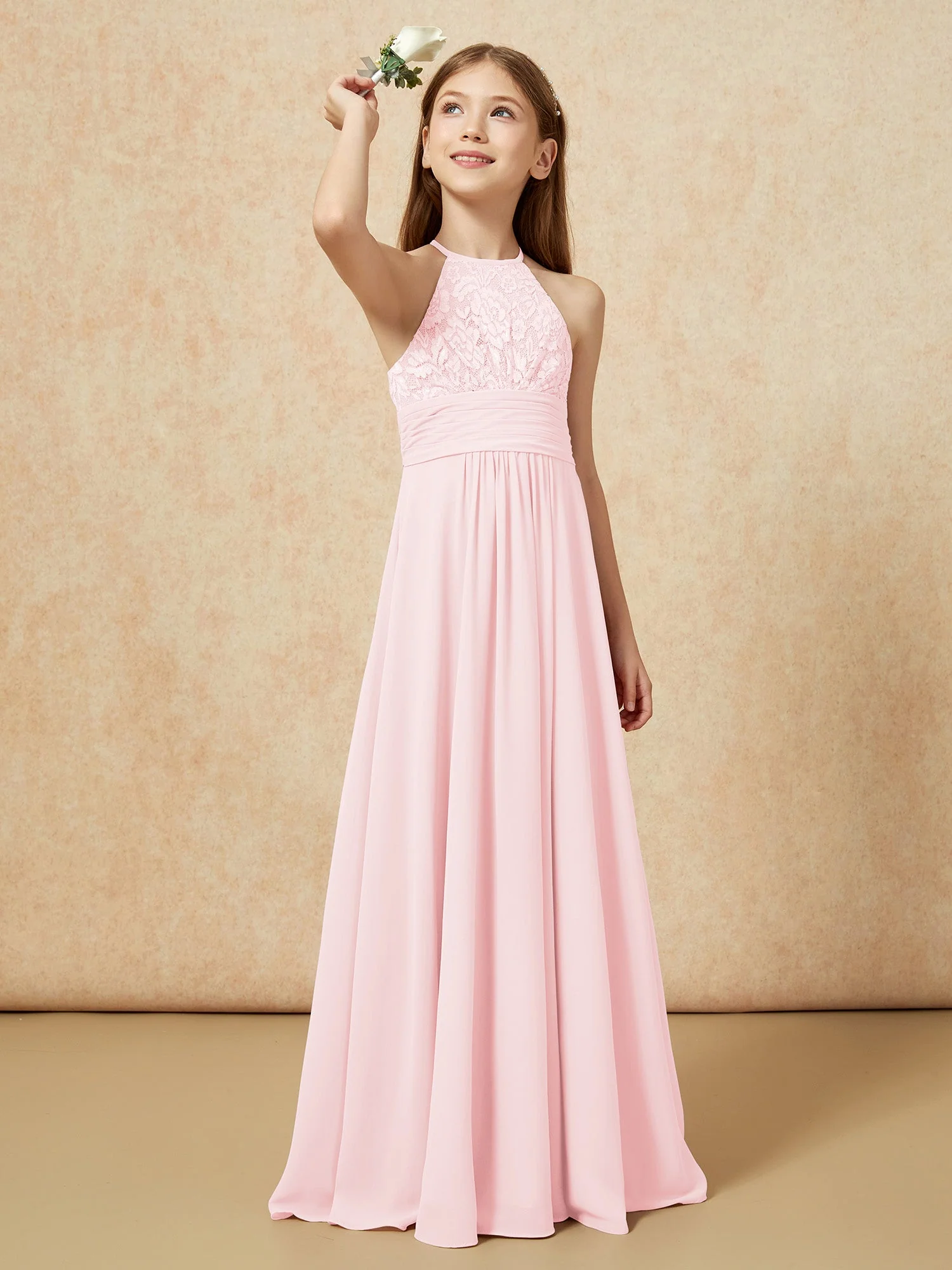 Halshalter Spitzen Oberteil Chiffon Junge Brautjungfernkleider Zartrosa