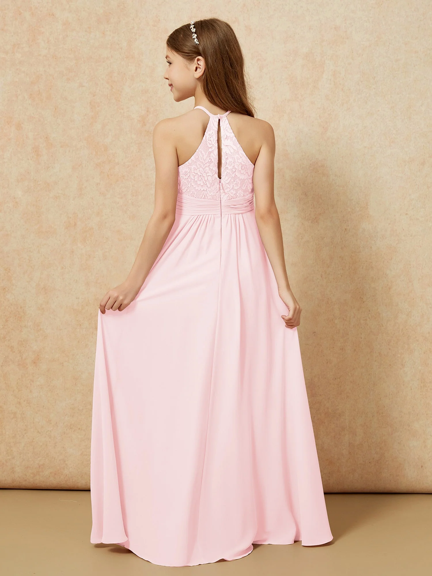 Halshalter Spitzen Oberteil Chiffon Junge Brautjungfernkleider Zartrosa - Image 2