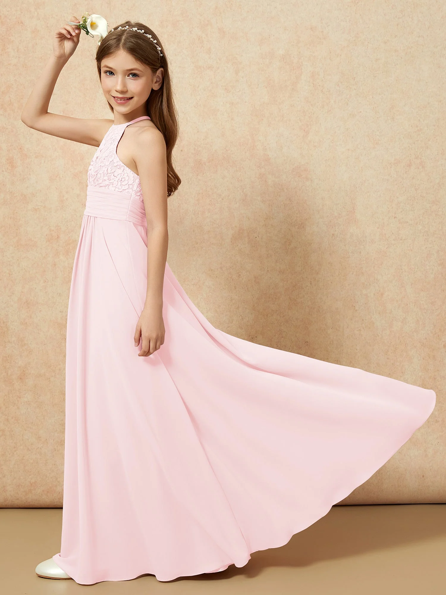 Halshalter Spitzen Oberteil Chiffon Junge Brautjungfernkleider Zartrosa - Image 6