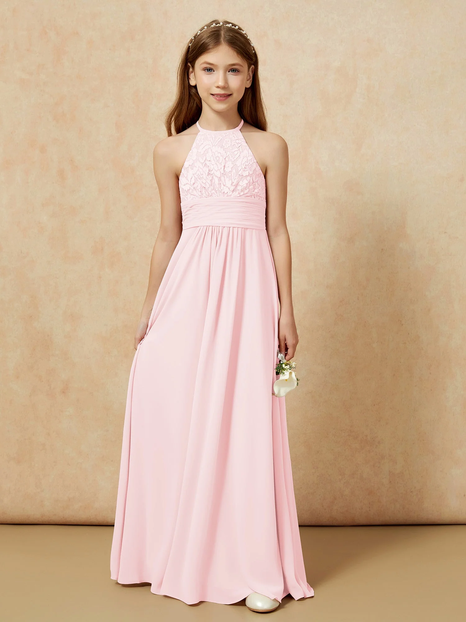 Halshalter Spitzen Oberteil Chiffon Junge Brautjungfernkleider Zartrosa - Image 7