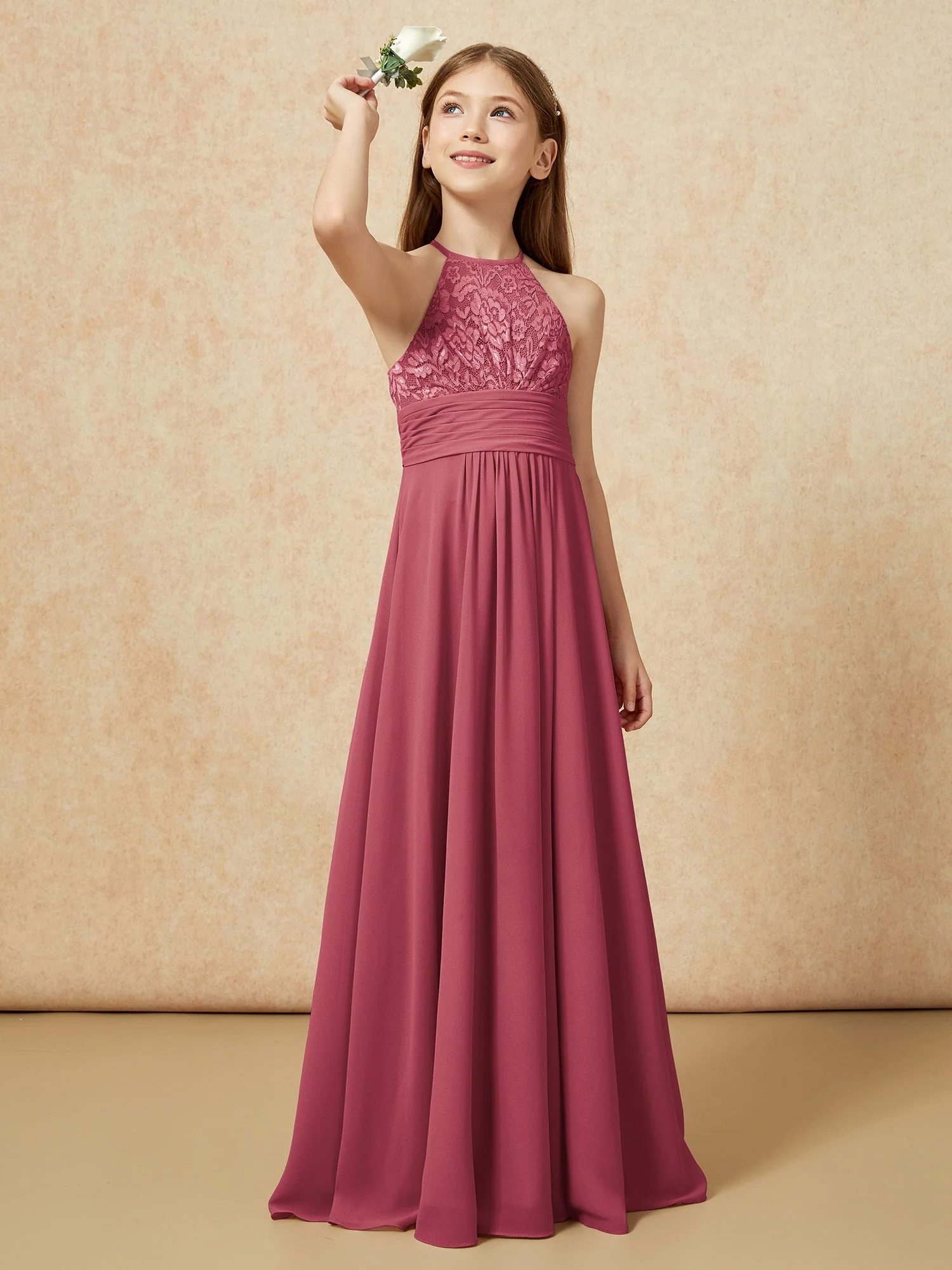 Halshalter Spitzen Oberteil Chiffon Junge Brautjungfernkleider Zimtrose