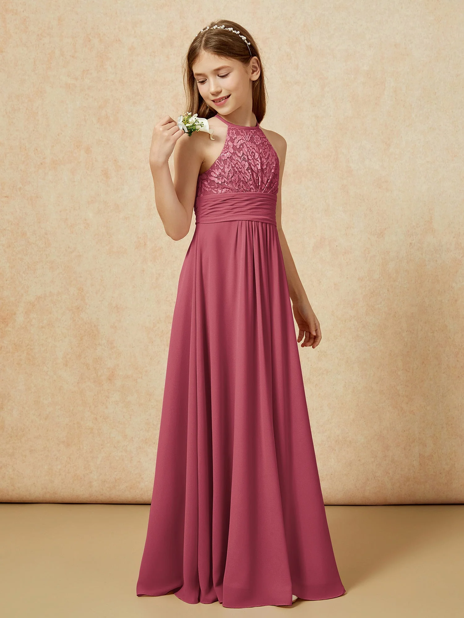 Halshalter Spitzen Oberteil Chiffon Junge Brautjungfernkleider Zimtrose - Image 3