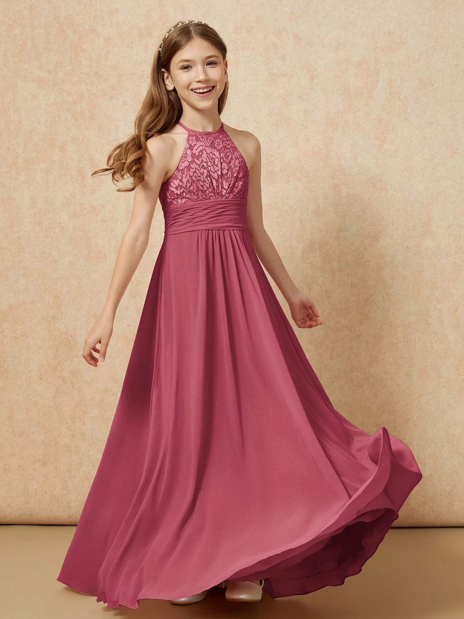Halshalter Spitzen Oberteil Chiffon Junge Brautjungfernkleider Zimtrose - Image 4