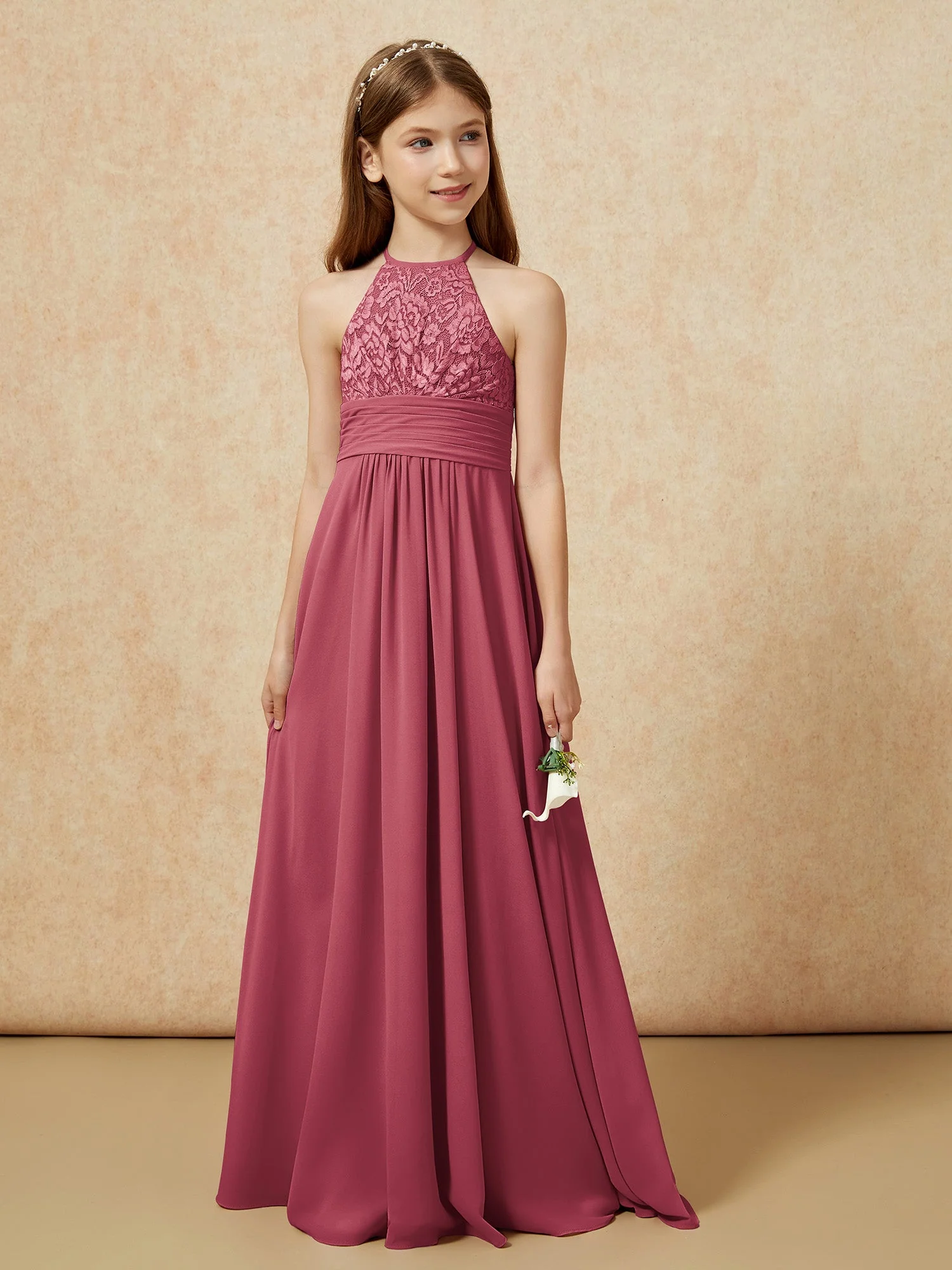 Halshalter Spitzen Oberteil Chiffon Junge Brautjungfernkleider Zimtrose - Image 5