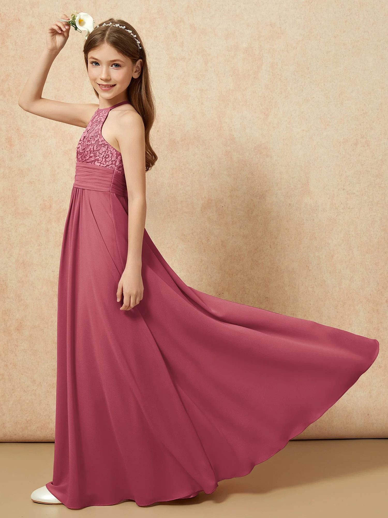 Halshalter Spitzen Oberteil Chiffon Junge Brautjungfernkleider Zimtrose - Image 6
