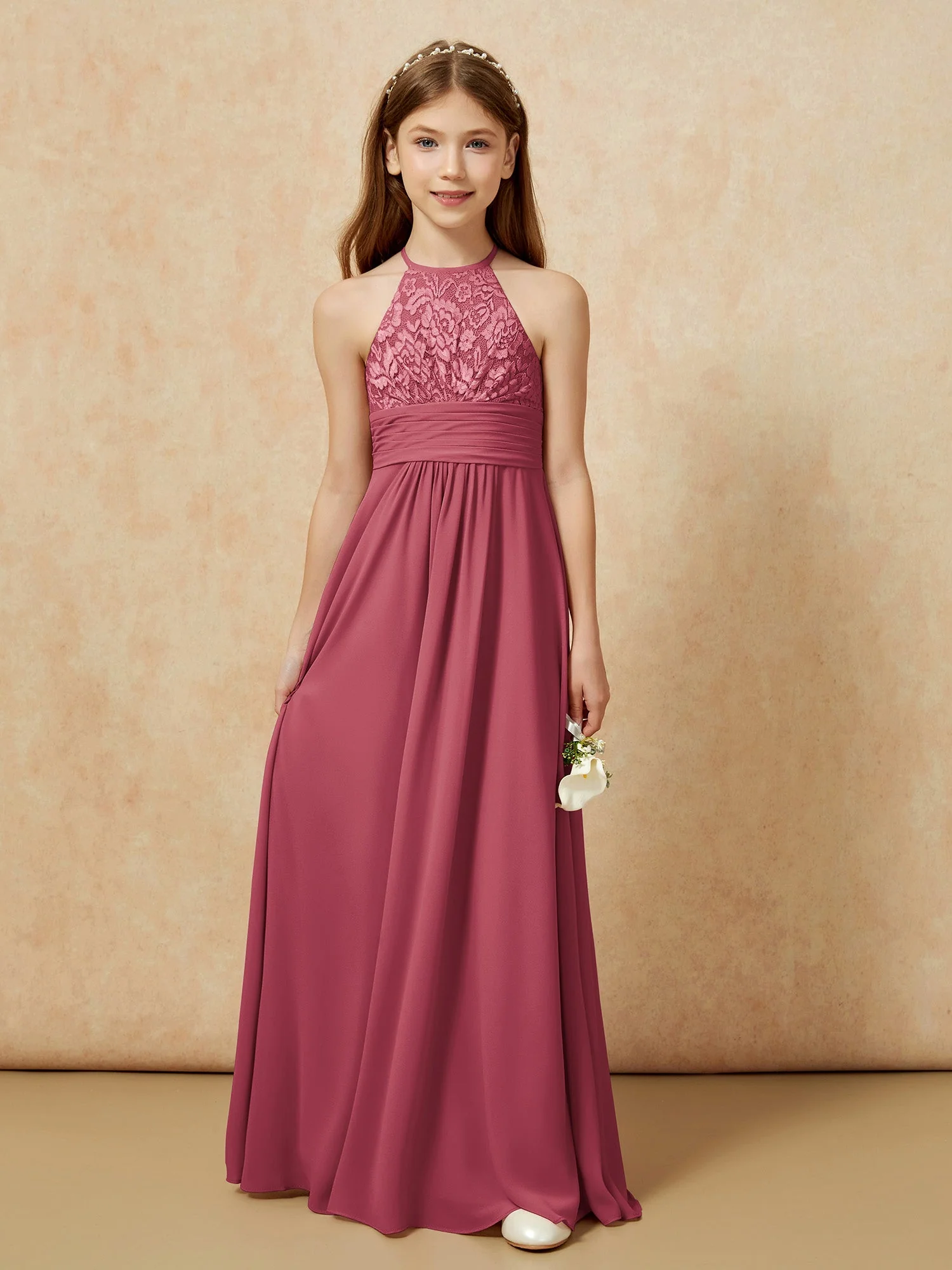 Halshalter Spitzen Oberteil Chiffon Junge Brautjungfernkleider Zimtrose - Image 7