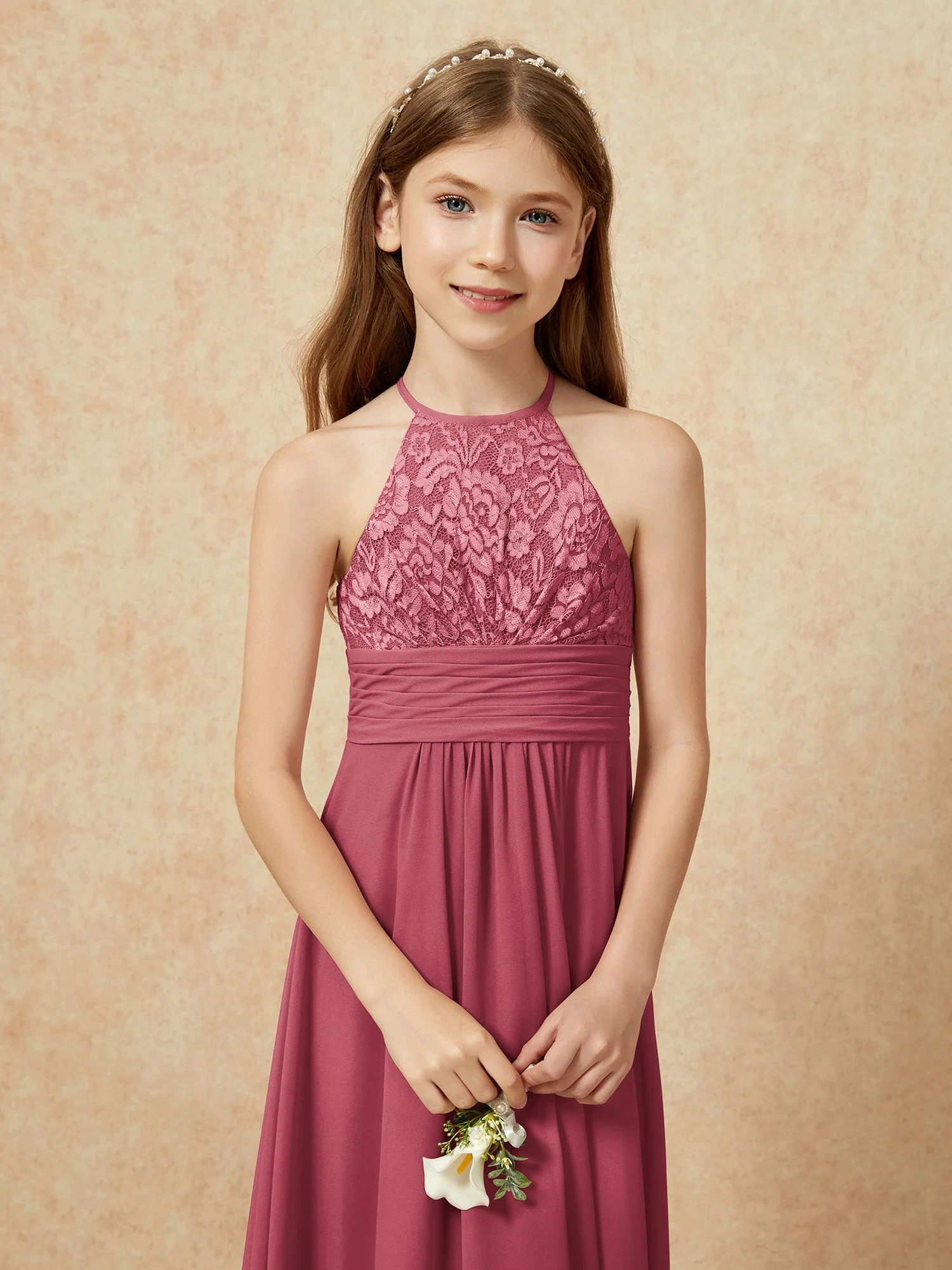 Halshalter Spitzen Oberteil Chiffon Junge Brautjungfernkleider Zimtrose - Image 8