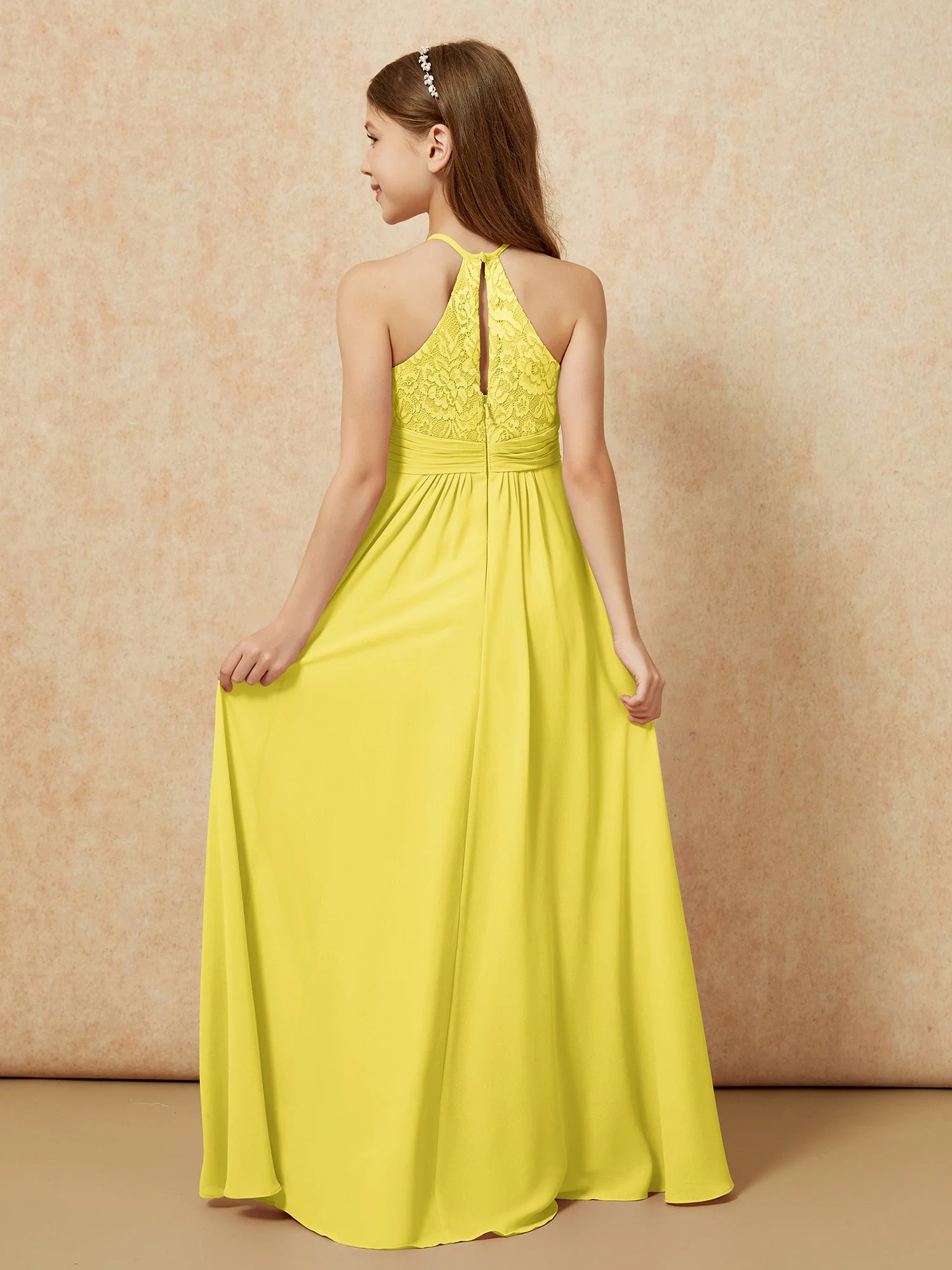 Halshalter Spitzen Oberteil Chiffon Junge Brautjungfernkleider Zitrone - Image 2