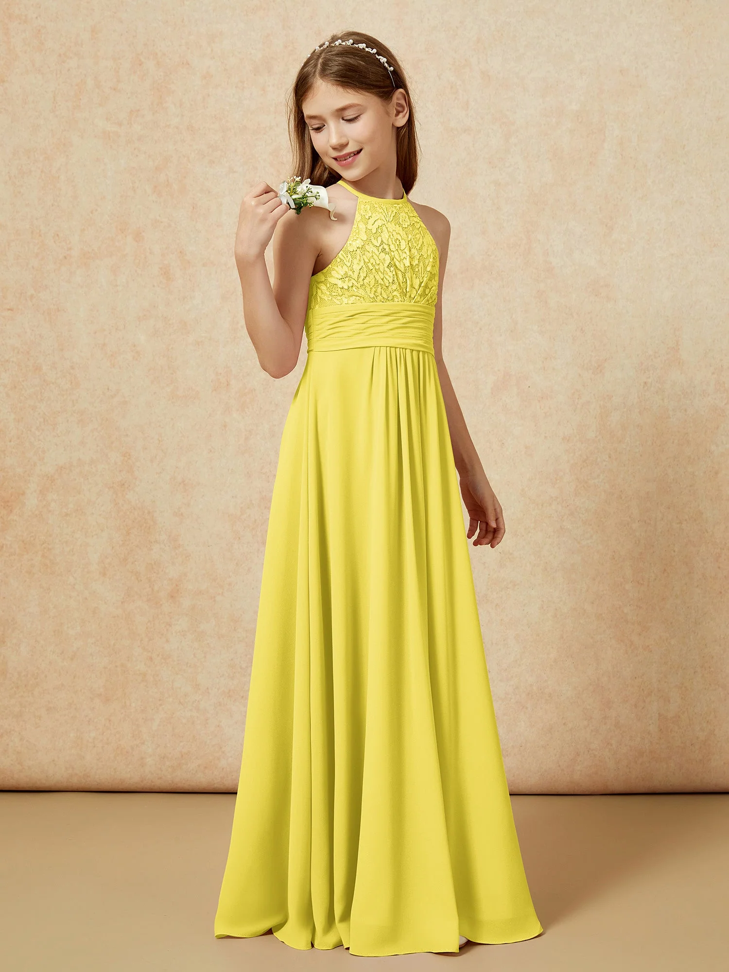 Halshalter Spitzen Oberteil Chiffon Junge Brautjungfernkleider Zitrone - Image 3