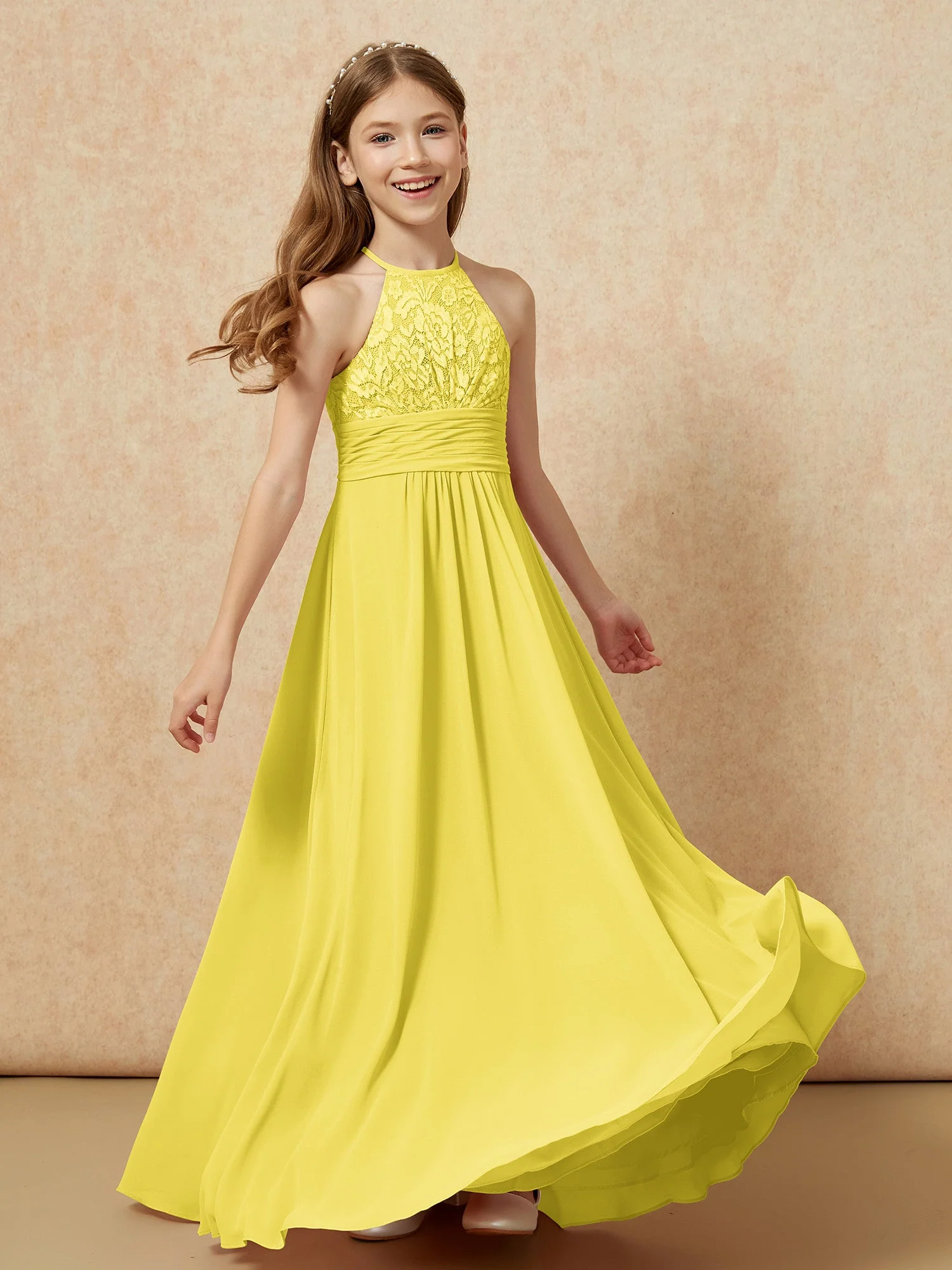 Halshalter Spitzen Oberteil Chiffon Junge Brautjungfernkleider Zitrone - Image 4