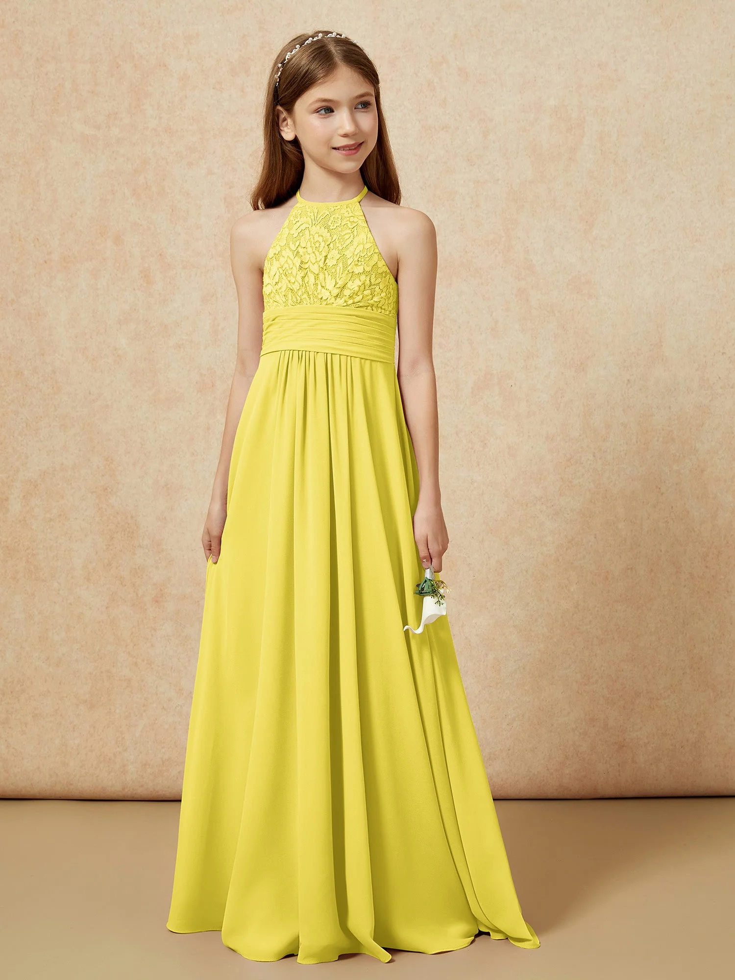 Halshalter Spitzen Oberteil Chiffon Junge Brautjungfernkleider Zitrone - Image 5