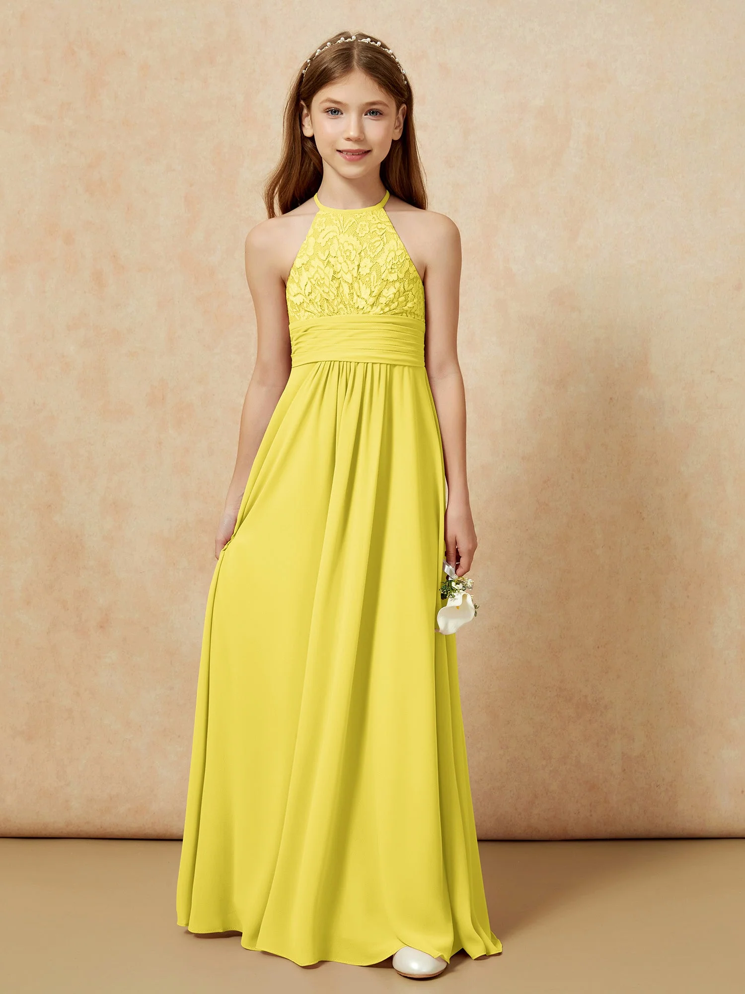 Halshalter Spitzen Oberteil Chiffon Junge Brautjungfernkleider Zitrone - Image 7